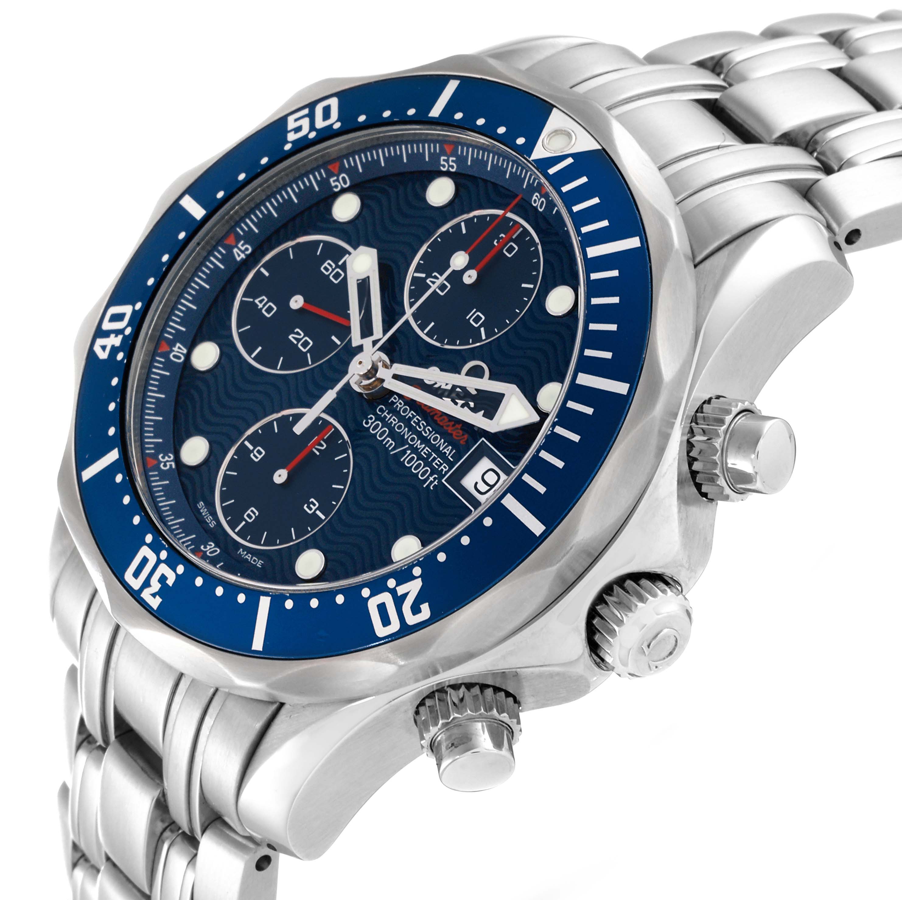 The image shows a side angle of the Omega Seamaster 2225.80.00 Men
s Stainless Steel Blue Dial 2225.80.00 Men
s Stainless Steel Blue Dial watch, highlighting the bezel, crown, chronographs, and bracelet.