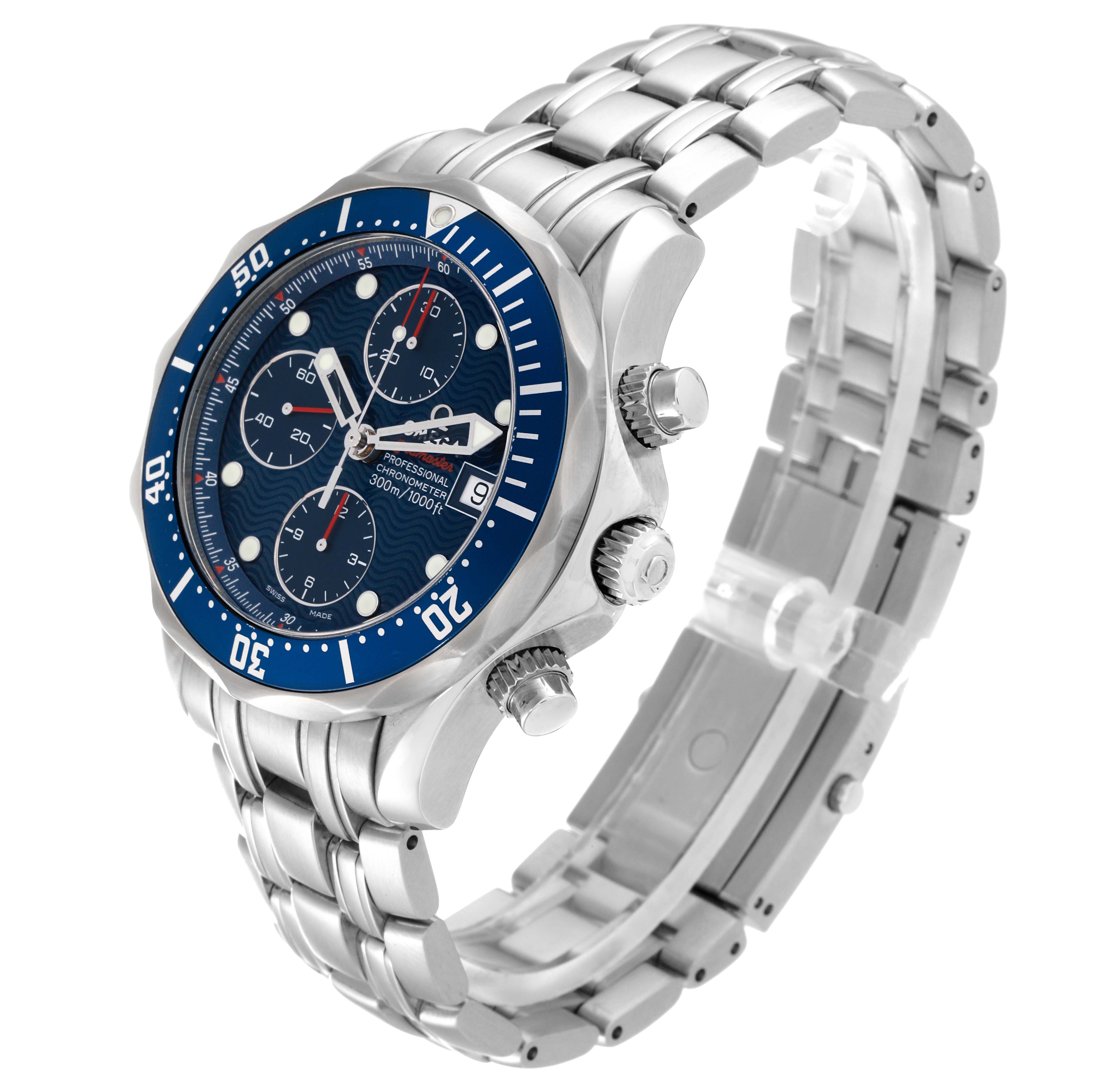 The Omega Seamaster 2225.80.00 Men
s Stainless Steel Blue Dial 2225.80.00 Men
s Stainless Steel Blue Dial watch is shown from a three-quarter angle displaying the face, bezel, and metal bracelet.