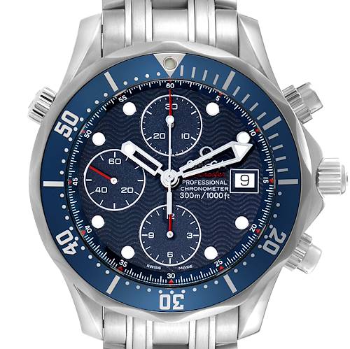 The image shows a frontal view of the Omega Seamaster watch, highlighting its dial, bezel, and bracelet.