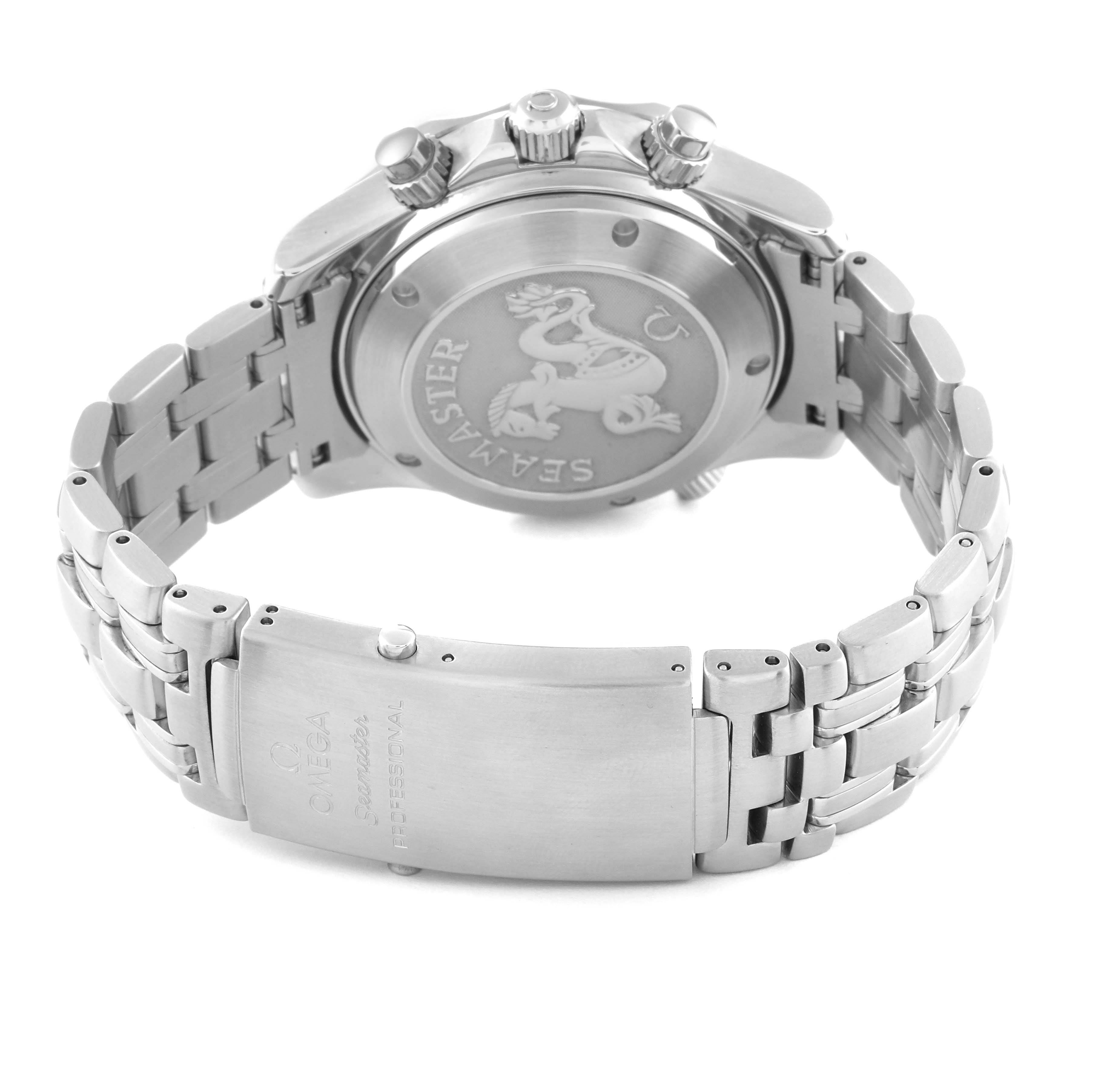 The image shows the back case, bracelet, and clasp of an Omega Seamaster 2225.80.00 Men
s Stainless Steel Blue Dial 2225.80.00 Men
s Stainless Steel Blue Dial watch from a rear angle.