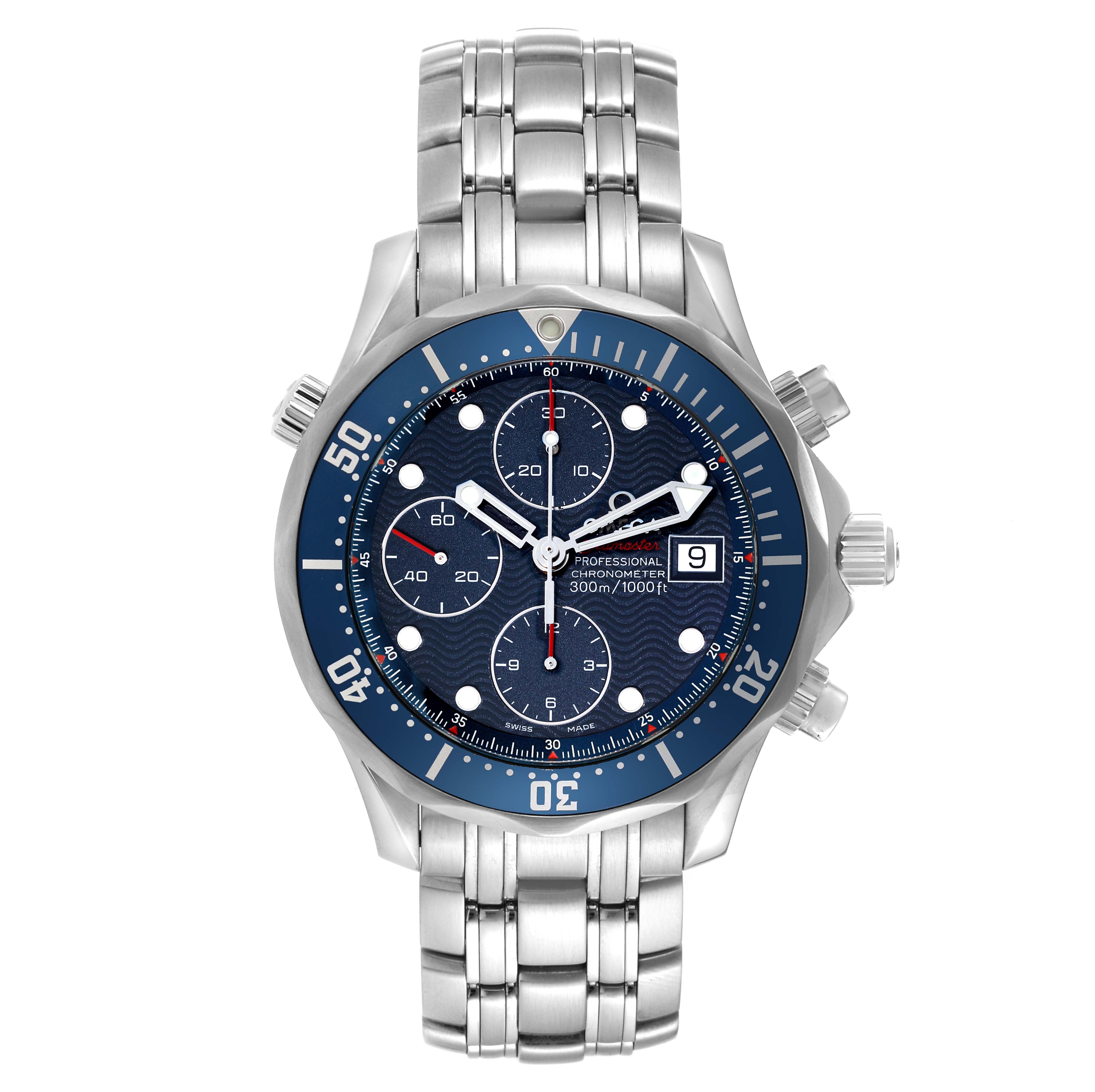 The image shows a front-angle view of the Omega Seamaster 2225.80.00 Men
s Stainless Steel Blue Dial 2225.80.00 Men
s Stainless Steel Blue Dial watch, highlighting the dial, bezel, and bracelet.