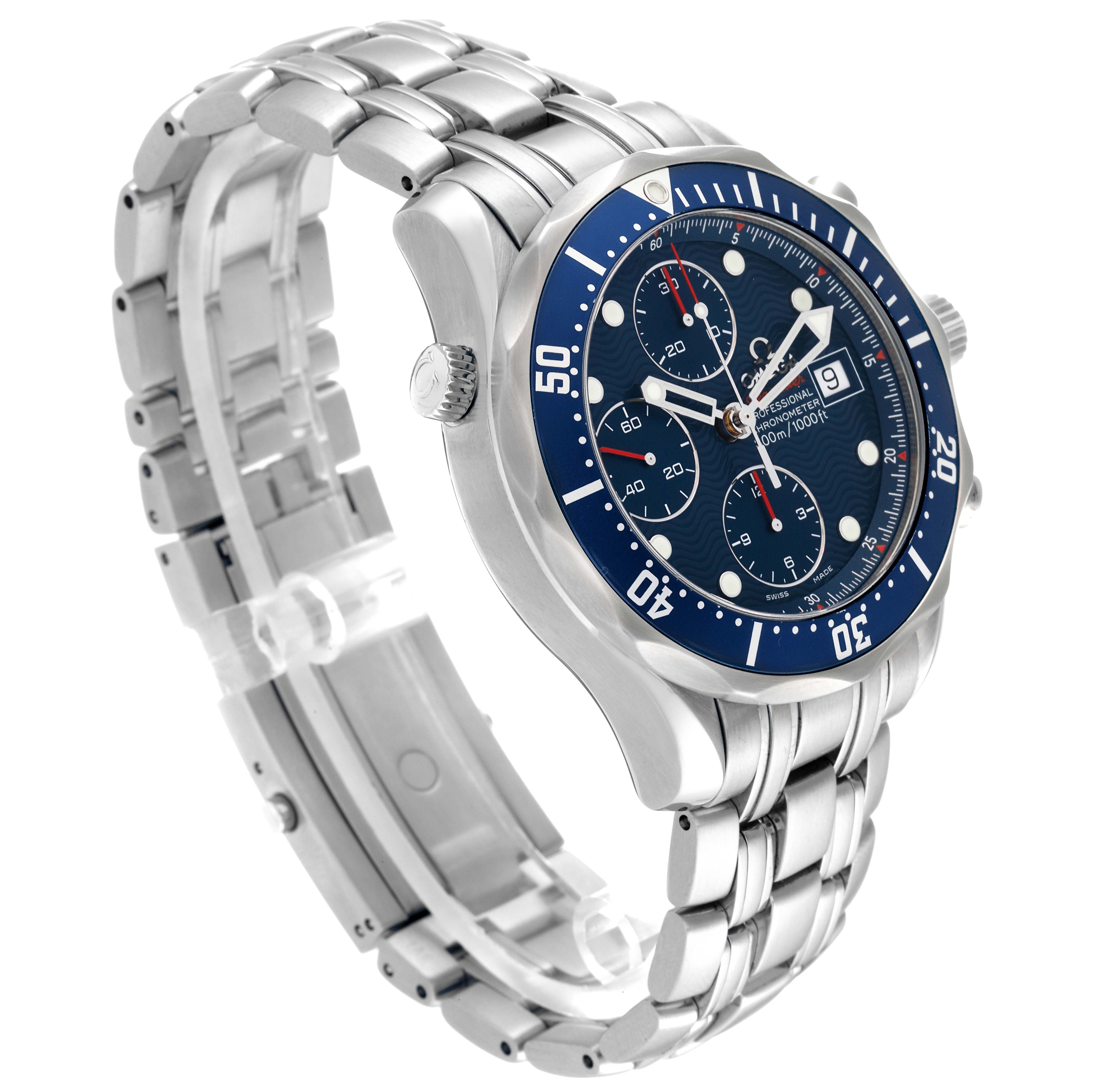 The image shows a side-angle view of the Omega Seamaster 2225.80.00 Men
s Stainless Steel Blue Dial 2225.80.00 Men
s Stainless Steel Blue Dial watch, showcasing its bracelet, case, bezel, and dial.