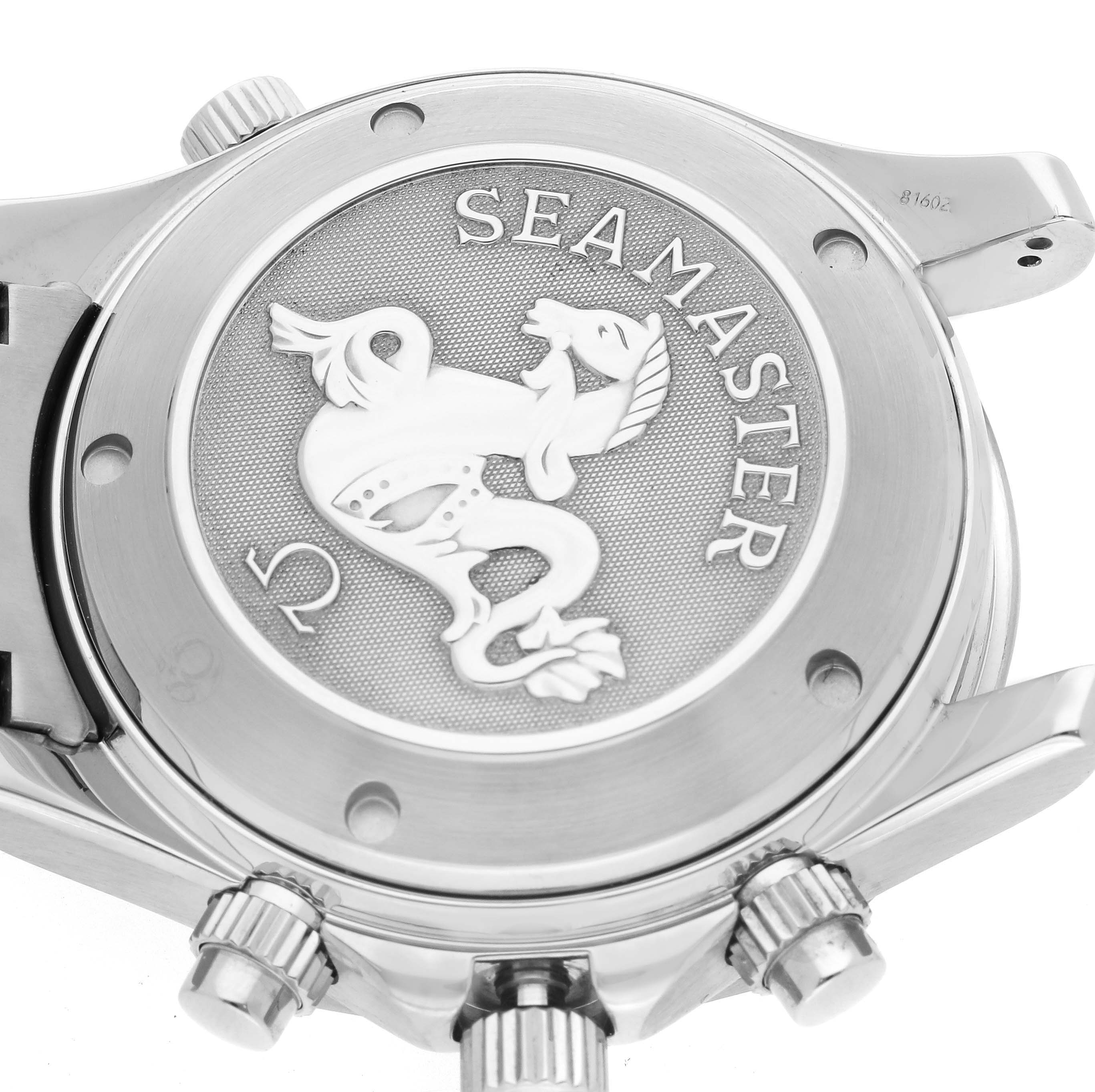 The image shows the back casing and crown of an Omega Seamaster 2225.80.00 Men
s Stainless Steel Blue Dial 2225.80.00 Men
s Stainless Steel Blue Dial watch from a close-up angle.