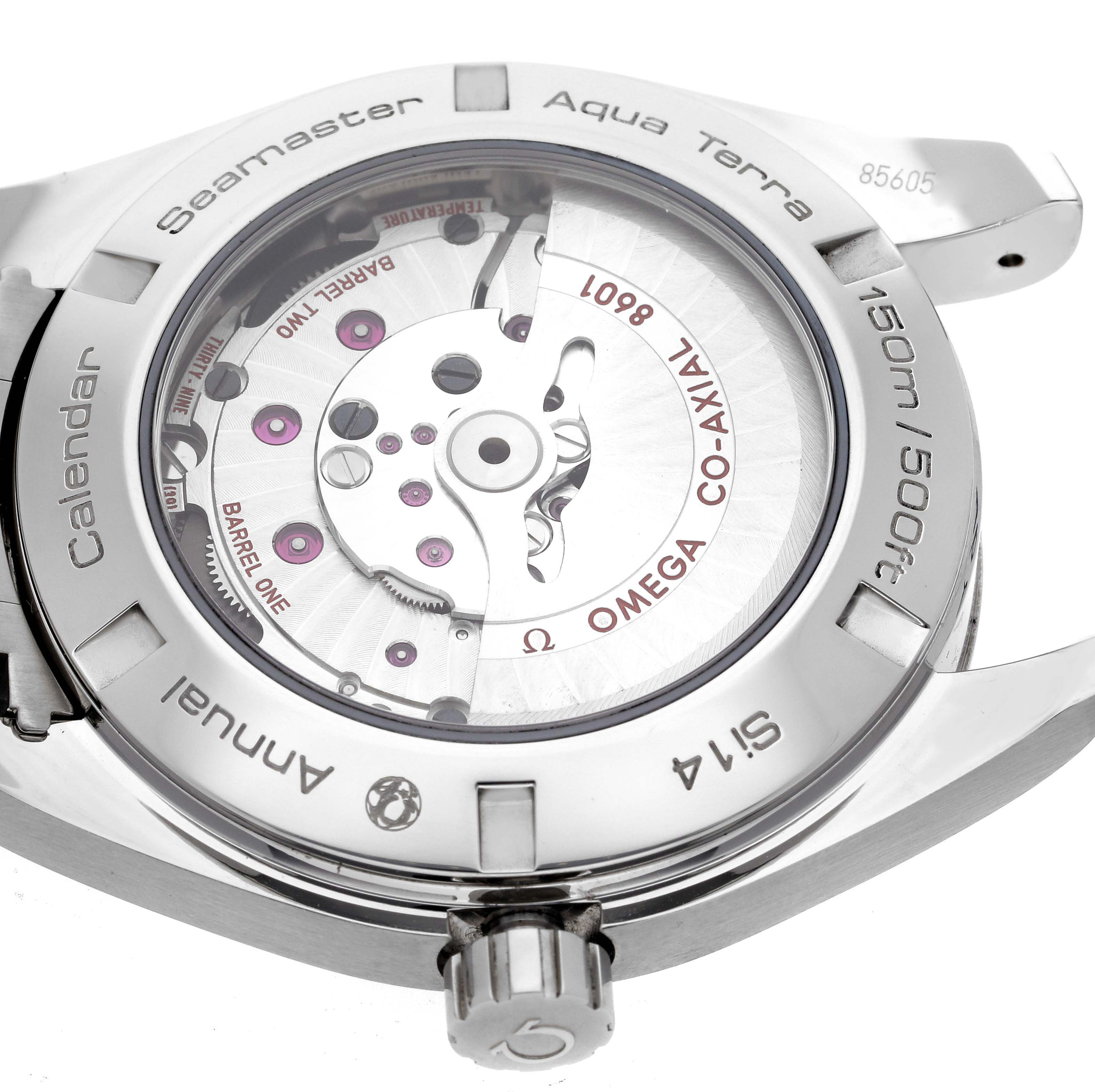 The image shows the back of an Omega Seamaster Aqua Terra watch, highlighting its co-axial movement through a transparent case.