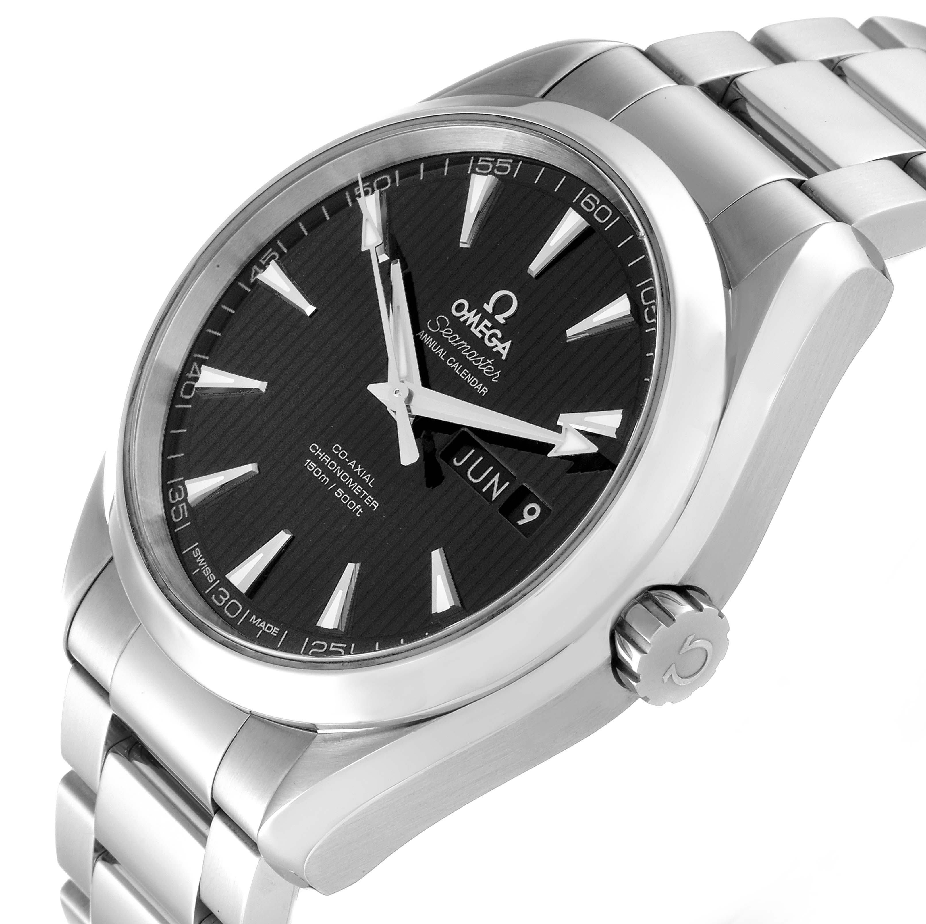 The image shows the Omega Aqua Terra 231.10.43.22.01.002 Men's Stainless Steel Black Dial 231.10.43.22.01.002 Men's Stainless Steel Black Dial watch at an angle highlighting the face, crown, and metallic bracelet.