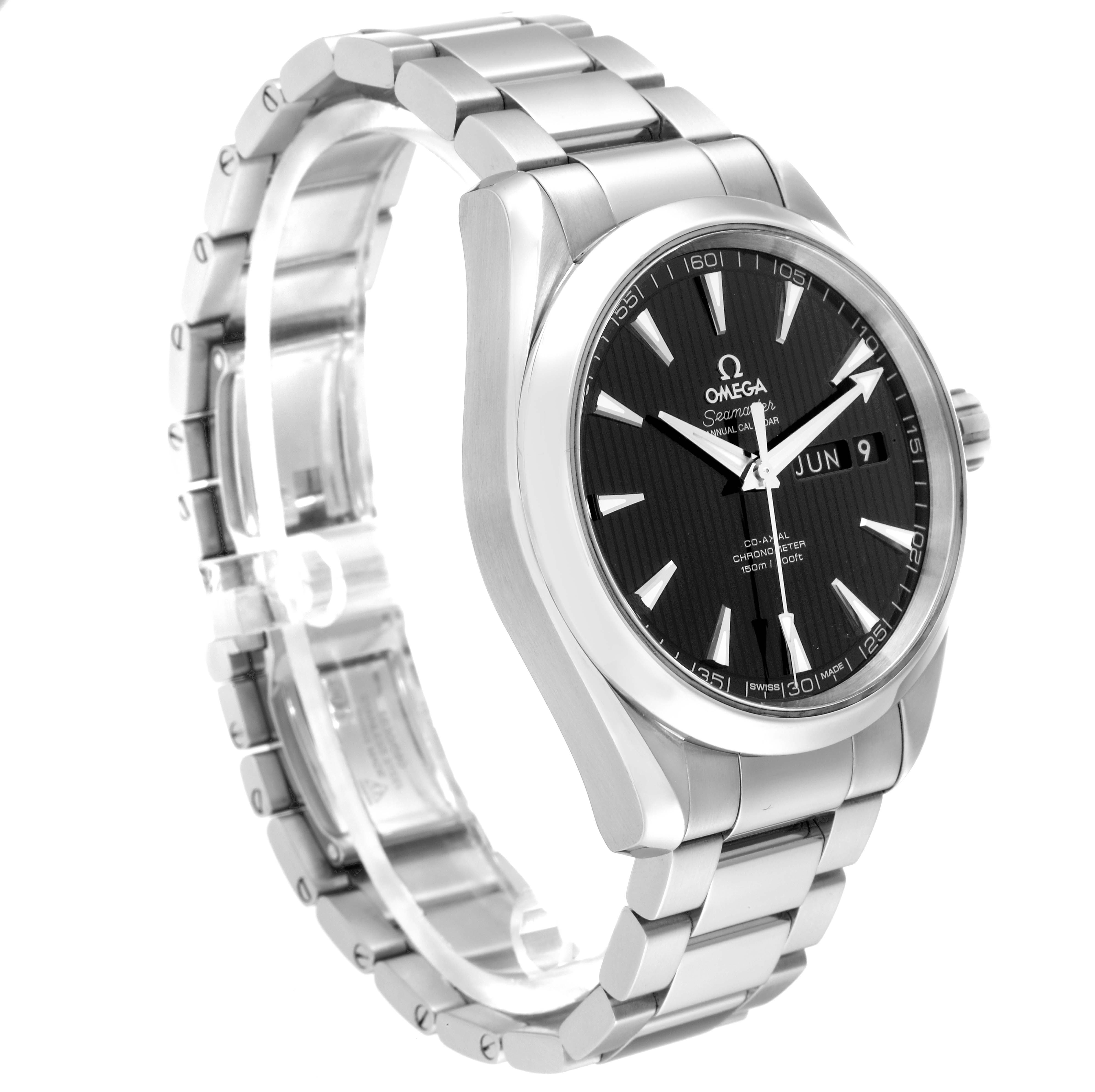 This image shows a side angle of the Omega Aqua Terra 231.10.43.22.01.002 Men's Stainless Steel Black Dial 231.10.43.22.01.002 Men's Stainless Steel Black Dial watch, highlighting its stainless steel bracelet and black dial.