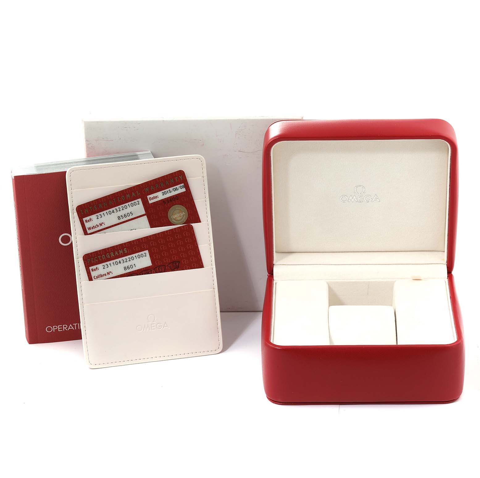 The image shows the packaging materials for an Omega Aqua Terra 231.10.43.22.01.002 Men's Stainless Steel Black Dial 231.10.43.22.01.002 Men's Stainless Steel Black Dial watch, including a red box, a white cardholder, and manuals.