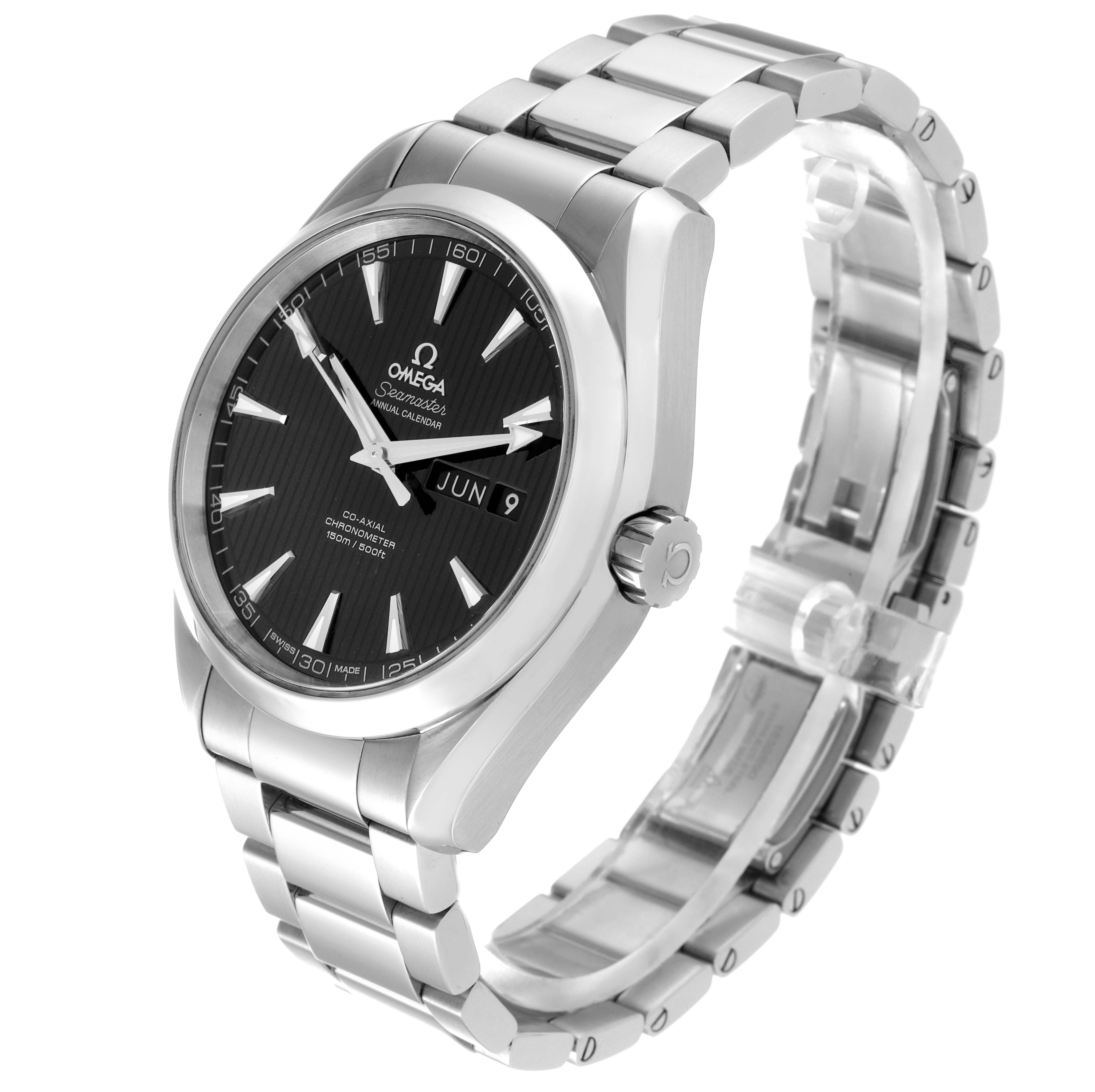 The Omega Aqua Terra 231.10.43.22.01.002 Men's Stainless Steel Black Dial 231.10.43.22.01.002 Men's Stainless Steel Black Dial watch is shown at a slight side angle, highlighting its dial, bracelet, and crown.