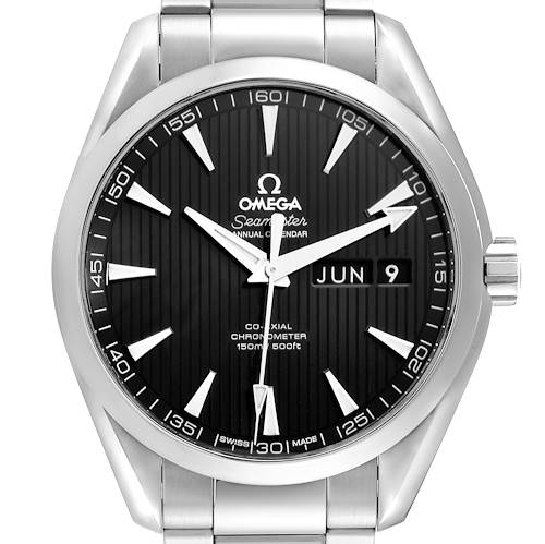 The image shows a front view of the Omega Aqua Terra watch, highlighting the black dial, date display, and stainless steel bracelet.