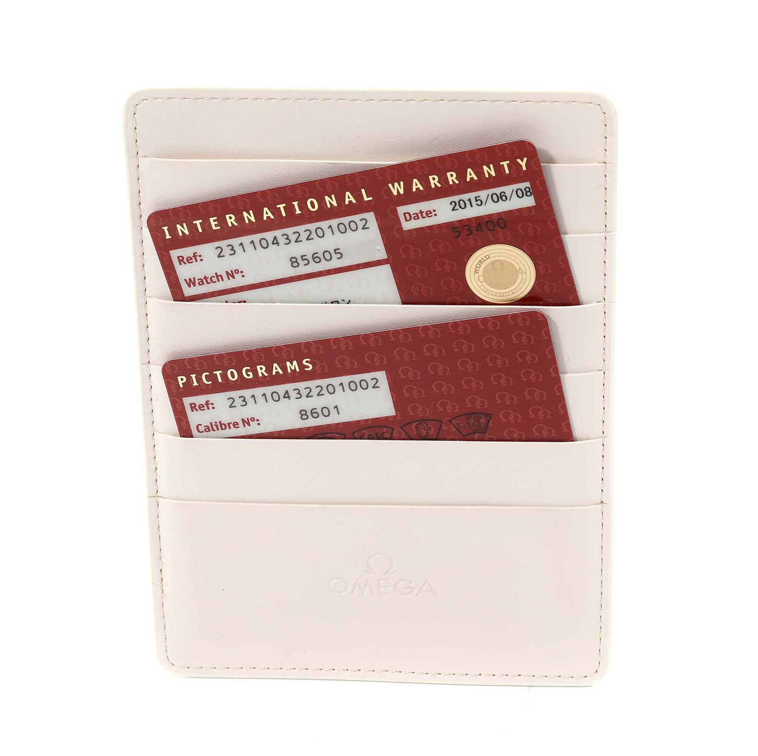 The image shows the warranty and pictogram cards for the Omega Aqua Terra 231.10.43.22.01.002 Men's Stainless Steel Black Dial 231.10.43.22.01.002 Men's Stainless Steel Black Dial watch inside a white cardholder.