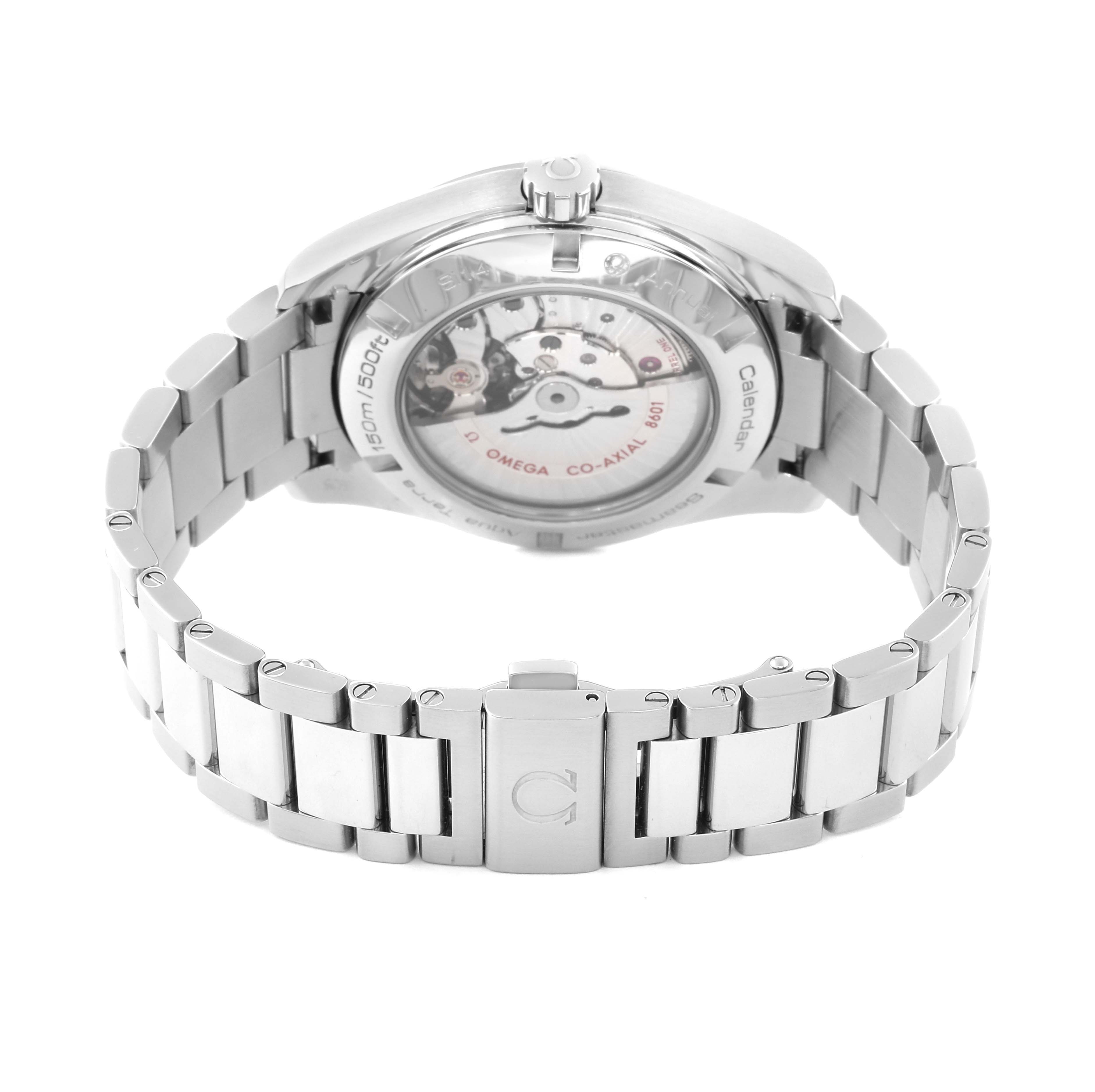 The image shows the back view of the Omega Aqua Terra 231.10.43.22.01.002 Men's Stainless Steel Black Dial 231.10.43.22.01.002 Men's Stainless Steel Black Dial watch, highlighting the exposed movement and stainless steel bracelet.