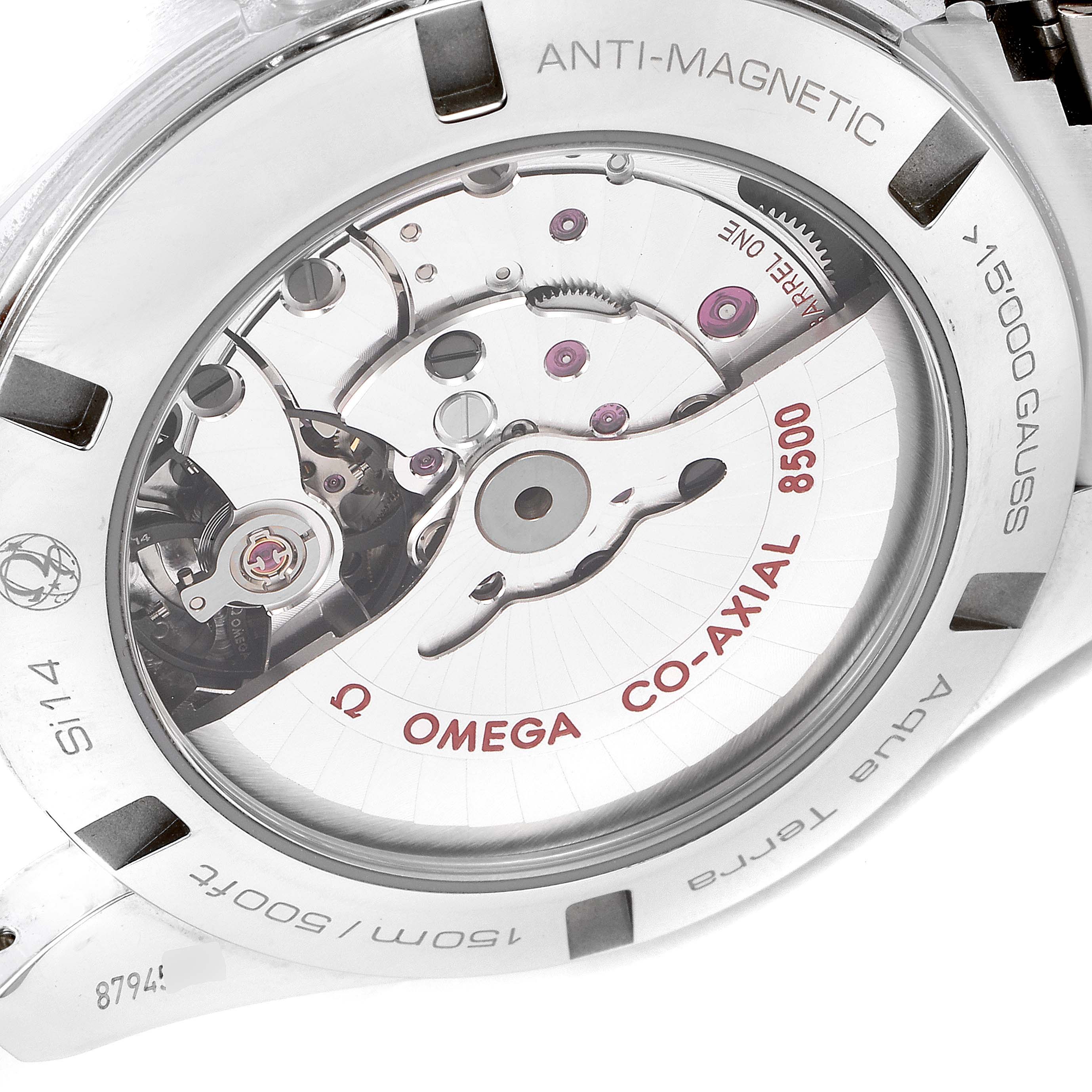 This image shows the back view of the Omega Aqua Terra 231.10.42.21.03.003 Men's Stainless Steel Blue Dial 231.10.42.21.03.003 Men's Stainless Steel Blue Dial watch, focusing on the anti-magnetic Co-Axial 8500 movement mechanism.