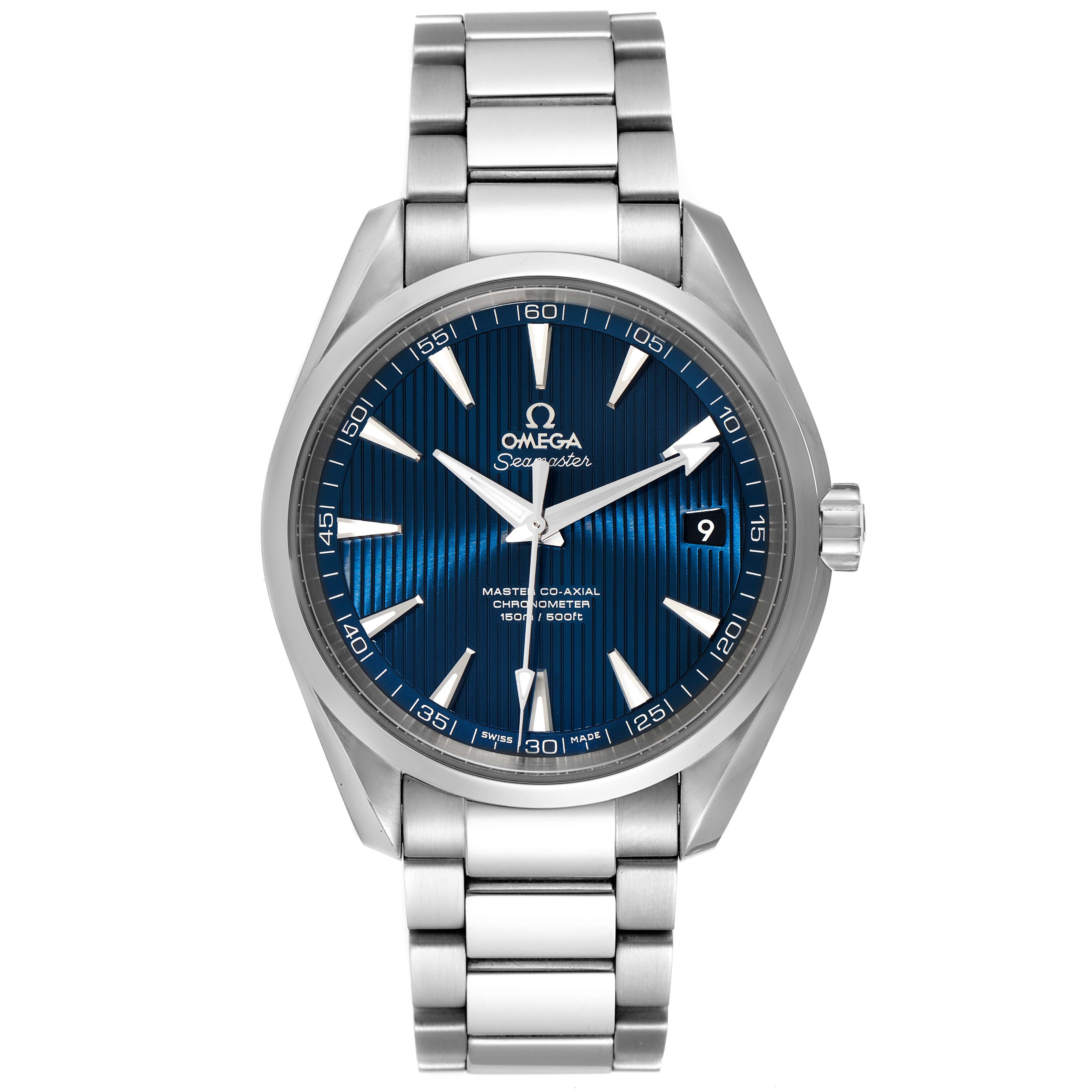 This image shows a front view of the Omega Aqua Terra 231.10.42.21.03.003 Men's Stainless Steel Blue Dial 231.10.42.21.03.003 Men's Stainless Steel Blue Dial watch, highlighting its blue dial, date window, and stainless steel bracelet.