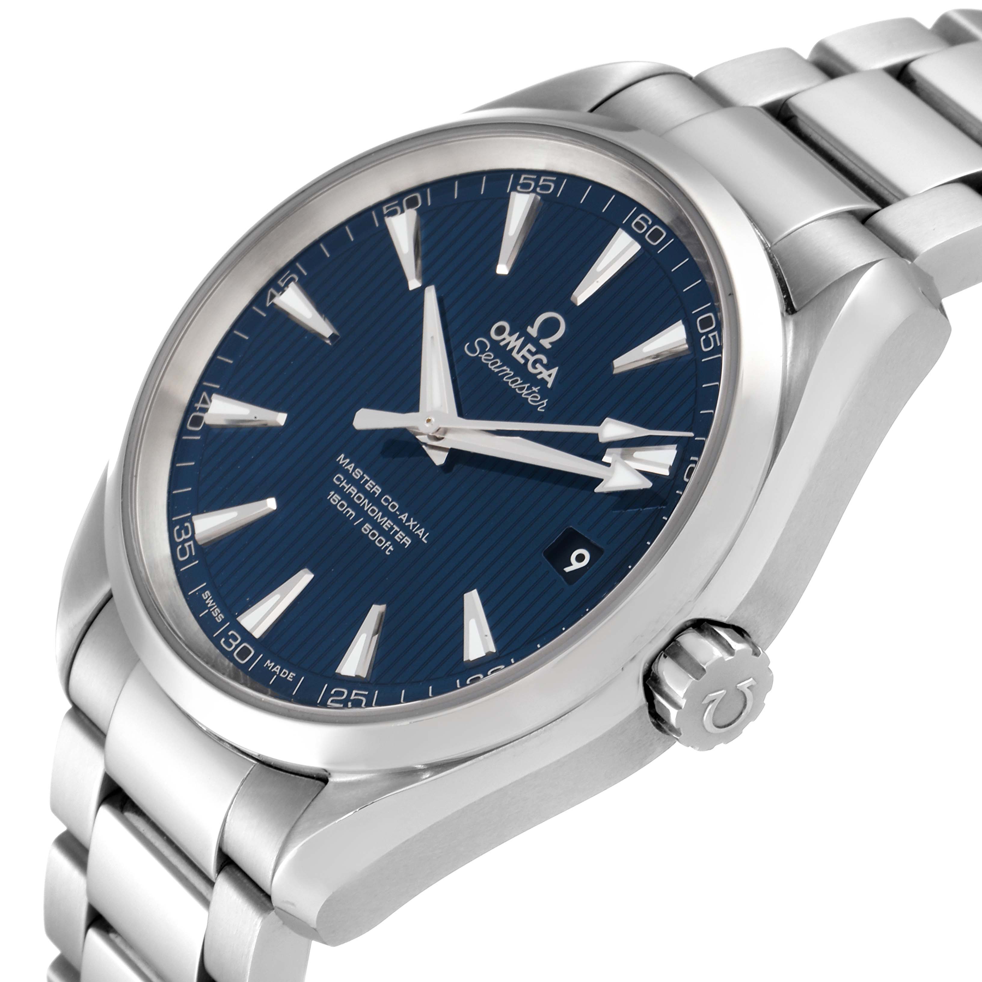 This is an angled view of the Omega Aqua Terra 231.10.42.21.03.003 Men's Stainless Steel Blue Dial 231.10.42.21.03.003 Men's Stainless Steel Blue Dial watch, showing its blue dial, stainless steel case, and bracelet with crown details.