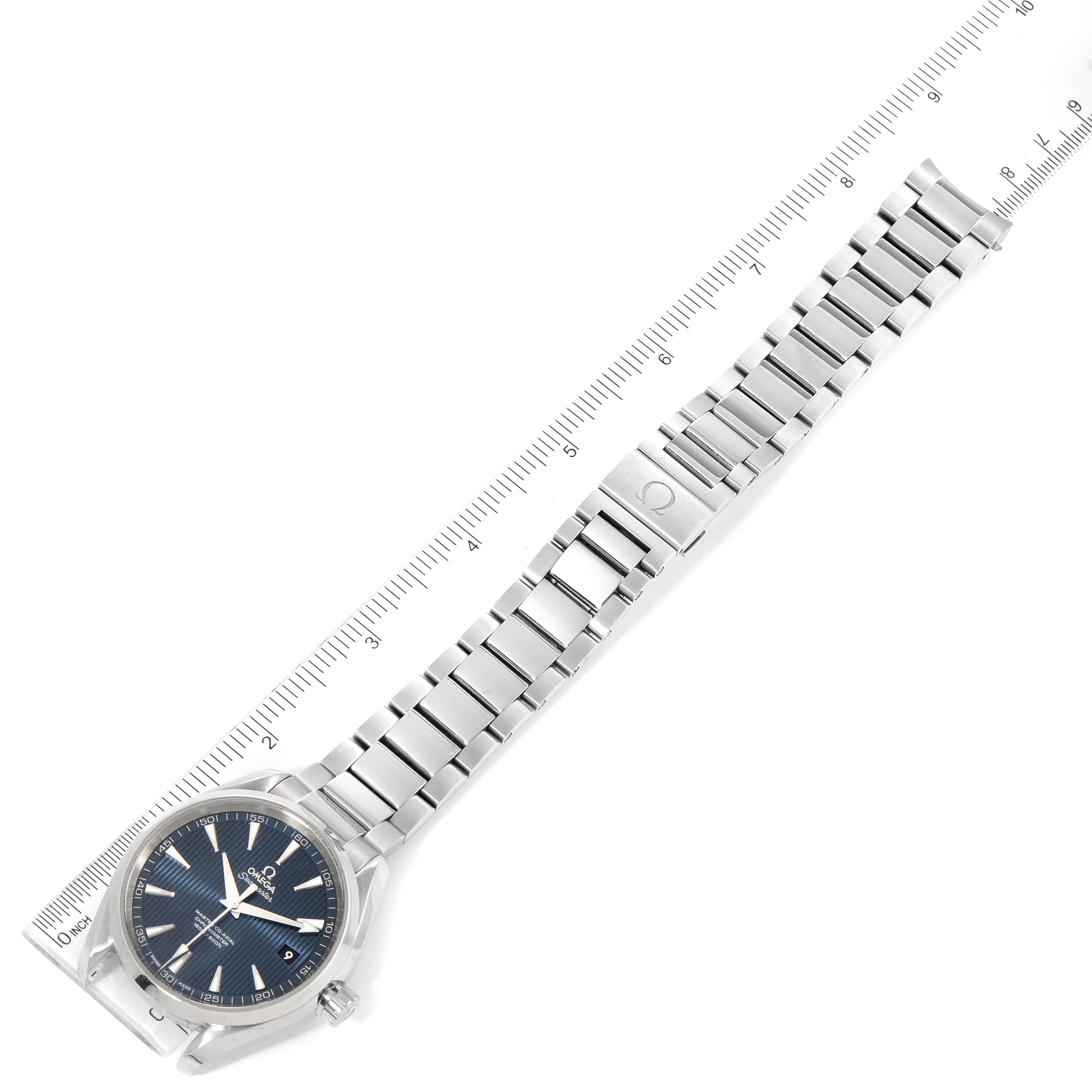 The Omega Aqua Terra 231.10.42.21.03.003 Men's Stainless Steel Blue Dial 231.10.42.21.03.003 Men's Stainless Steel Blue Dial watch is shown in a top-down angle, displaying the entire watch, including its face and metal bracelet.