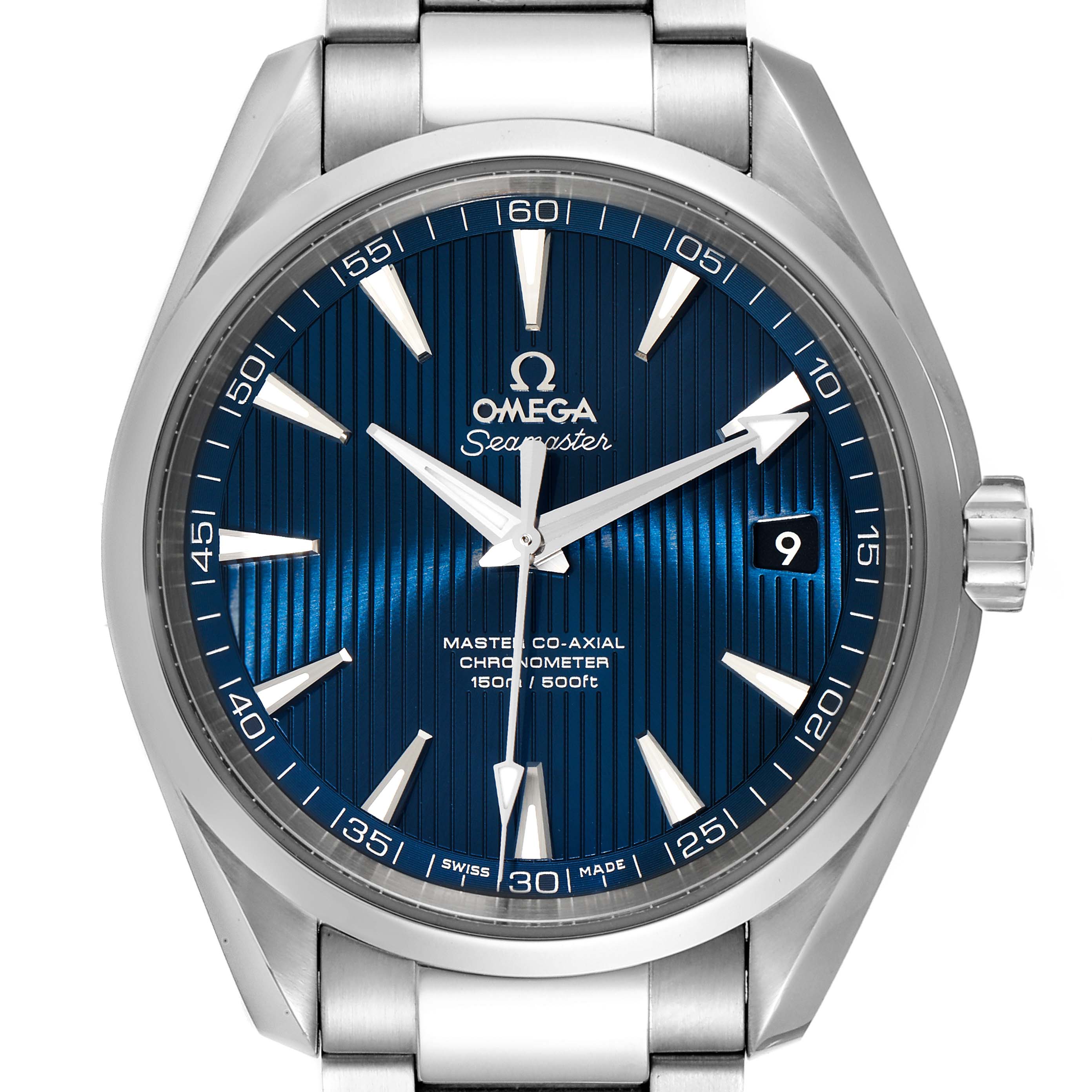 The image shows a front view of the Omega Aqua Terra 231.10.42.21.03.003 Men's Stainless Steel Blue Dial 231.10.42.21.03.003 Men's Stainless Steel Blue Dial watch, highlighting the blue dial, hands, markers, and date window.