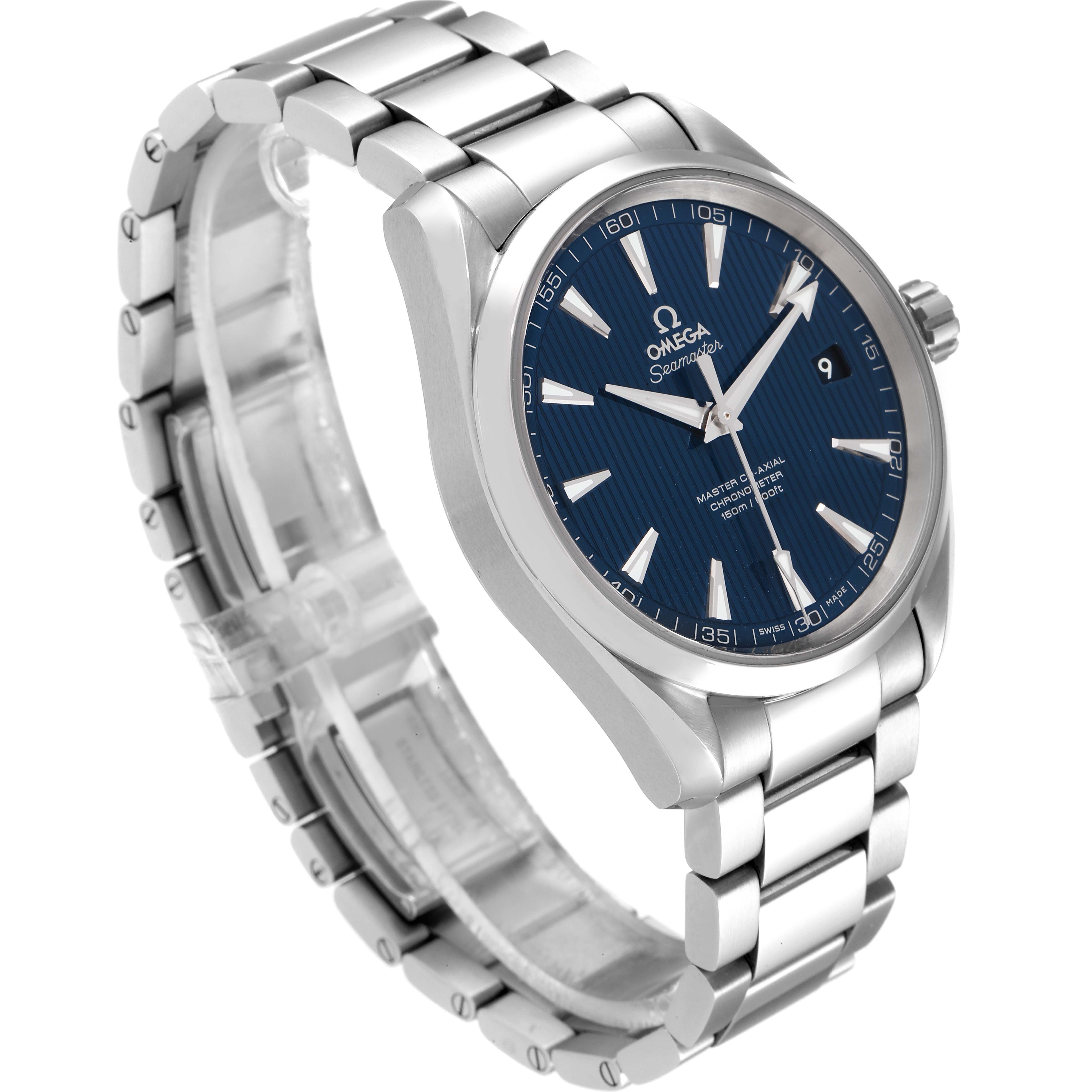 The image shows a side-angle view of the Omega Aqua Terra 231.10.42.21.03.003 Men's Stainless Steel Blue Dial 231.10.42.21.03.003 Men's Stainless Steel Blue Dial watch, highlighting the bracelet, case, and blue dial.