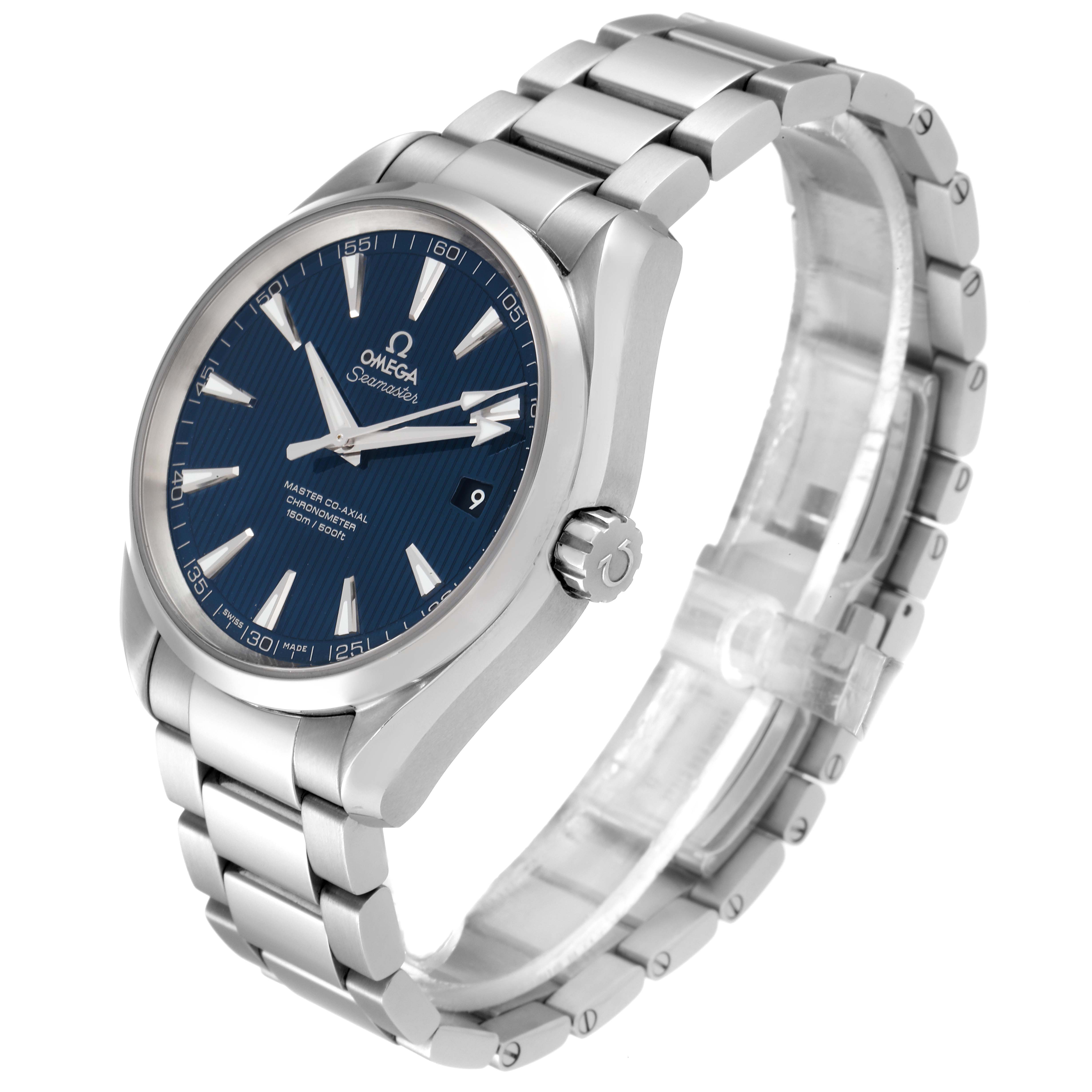 The image shows an Omega Aqua Terra 231.10.42.21.03.003 Men's Stainless Steel Blue Dial 231.10.42.21.03.003 Men's Stainless Steel Blue Dial watch at a three-quarter angle, displaying the face, bezel, crown, and bracelet.