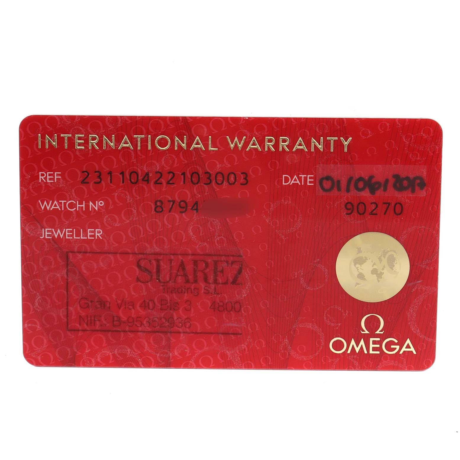 The image shows an Omega International Warranty card for the Aqua Terra model.