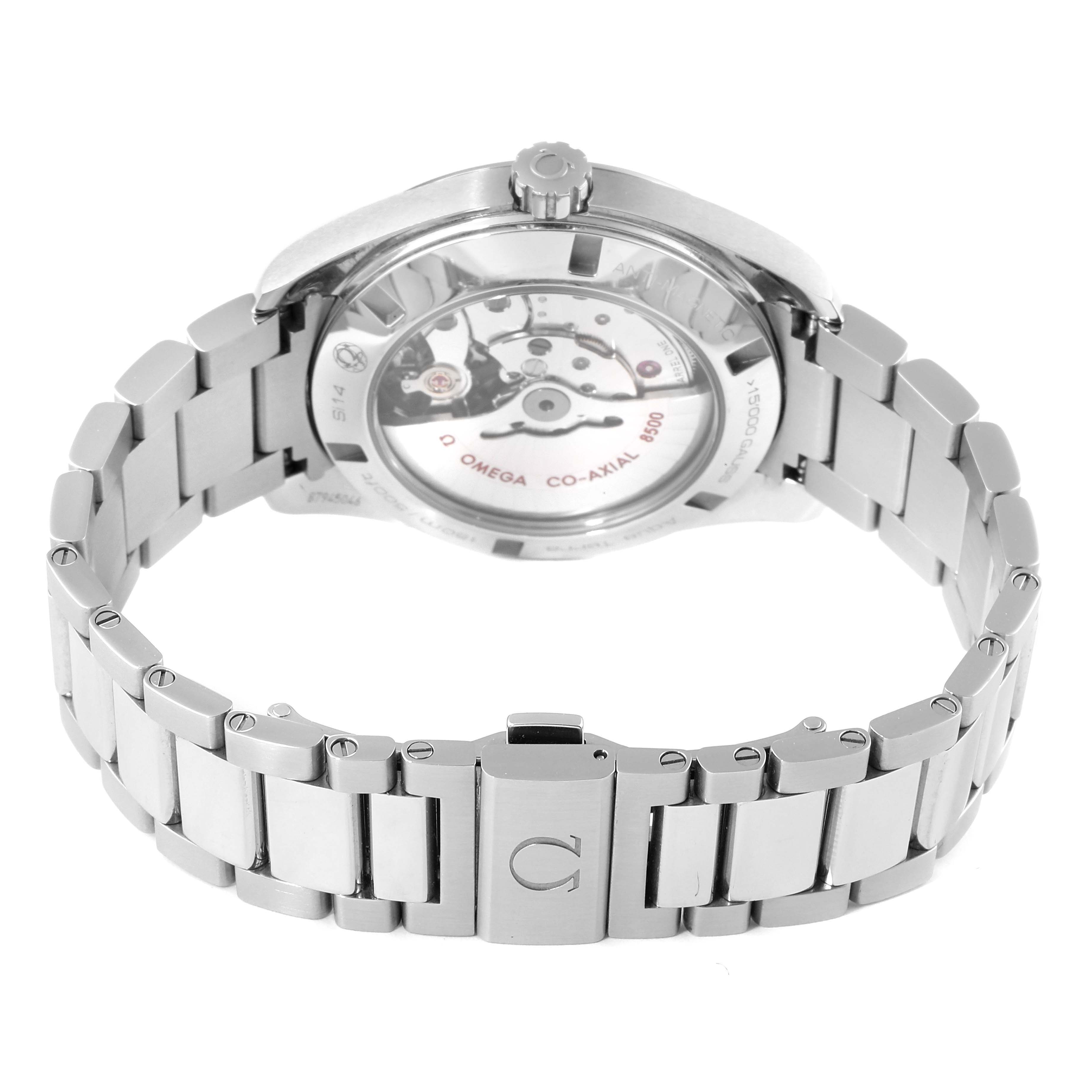 The image shows the Omega Aqua Terra 231.10.42.21.03.003 Men's Stainless Steel Blue Dial 231.10.42.21.03.003 Men's Stainless Steel Blue Dial watch from an angled rear view, highlighting the case back, movement, bracelet, and clasp.