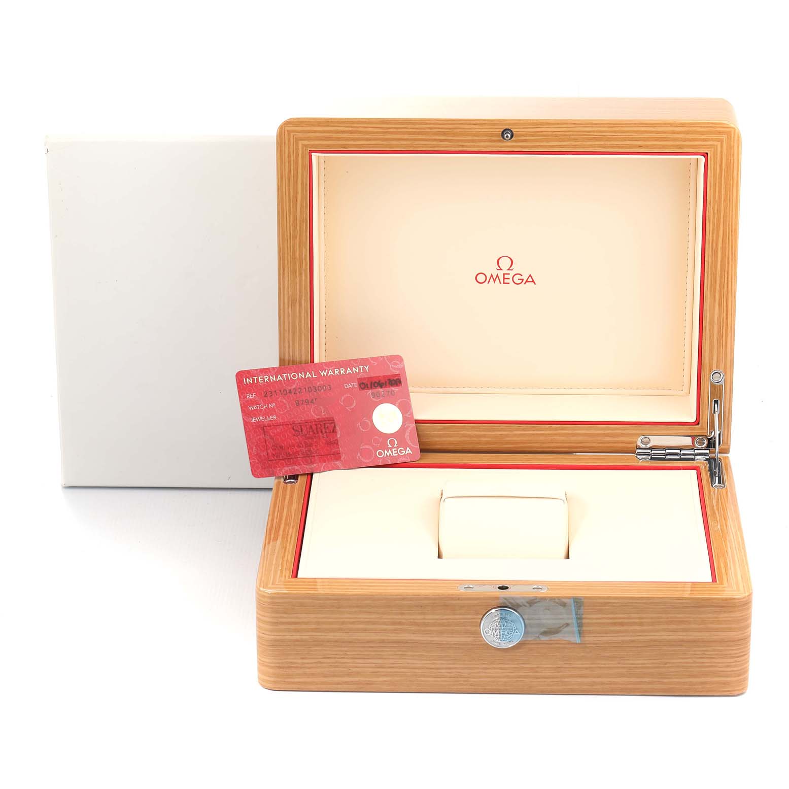 This image shows the wooden box and international warranty card for the Omega Aqua Terra 231.10.42.21.03.003 Men's Stainless Steel Blue Dial 231.10.42.21.03.003 Men's Stainless Steel Blue Dial watch, with an open lid revealing the interior.