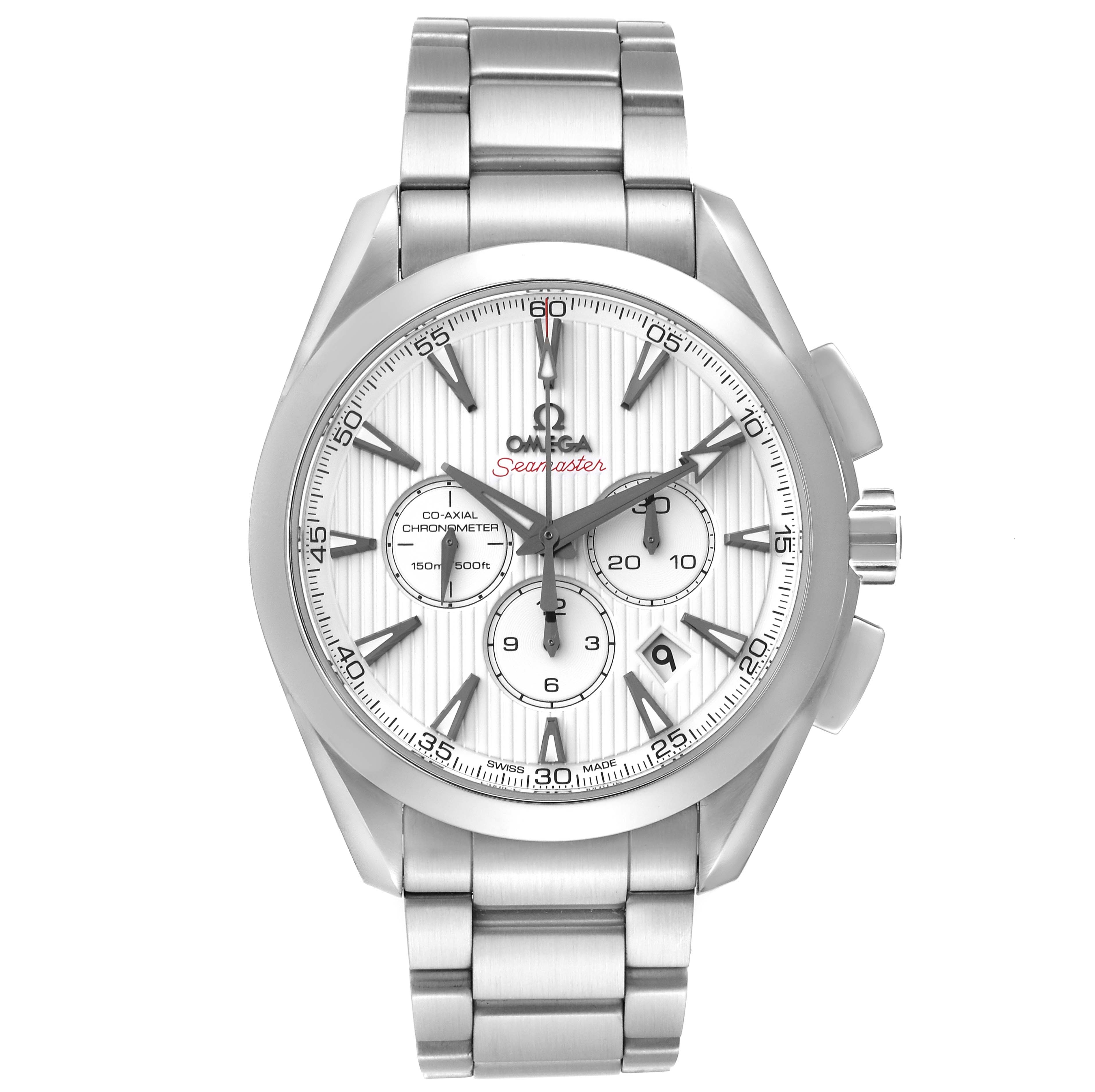 The image shows a frontal view of the Omega Aqua Terra 231.10.44.50.04.001 Men
s Stainless Steel White Dial 231.10.44.50.04.001 Men
s Stainless Steel White Dial watch, highlighting the face, dials, and bracelet.