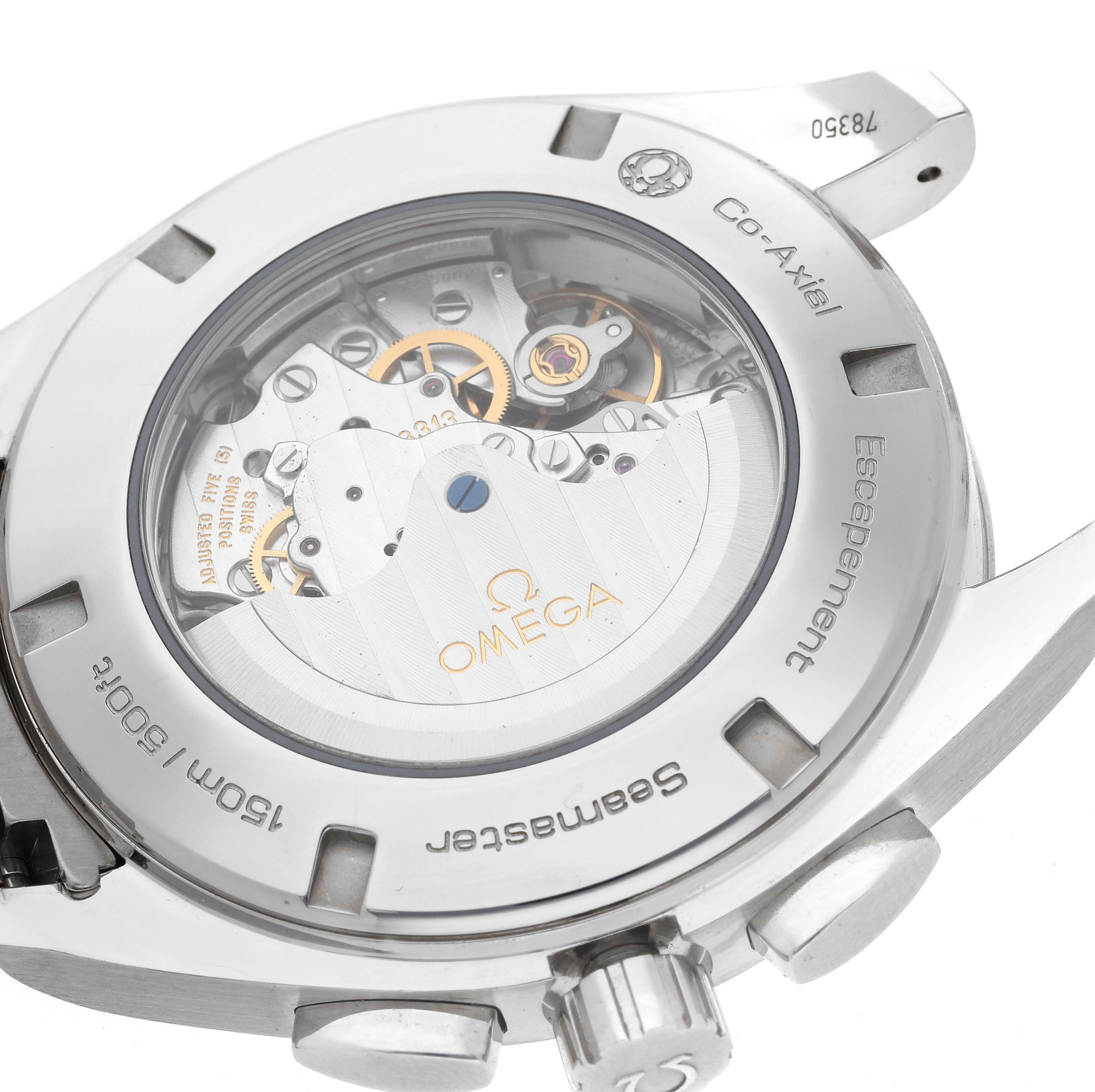 The image shows the back view of an Omega Aqua Terra 231.10.44.50.04.001 Men
s Stainless Steel White Dial 231.10.44.50.04.001 Men
s Stainless Steel White Dial, highlighting its Co-Axial movement and caseback details.