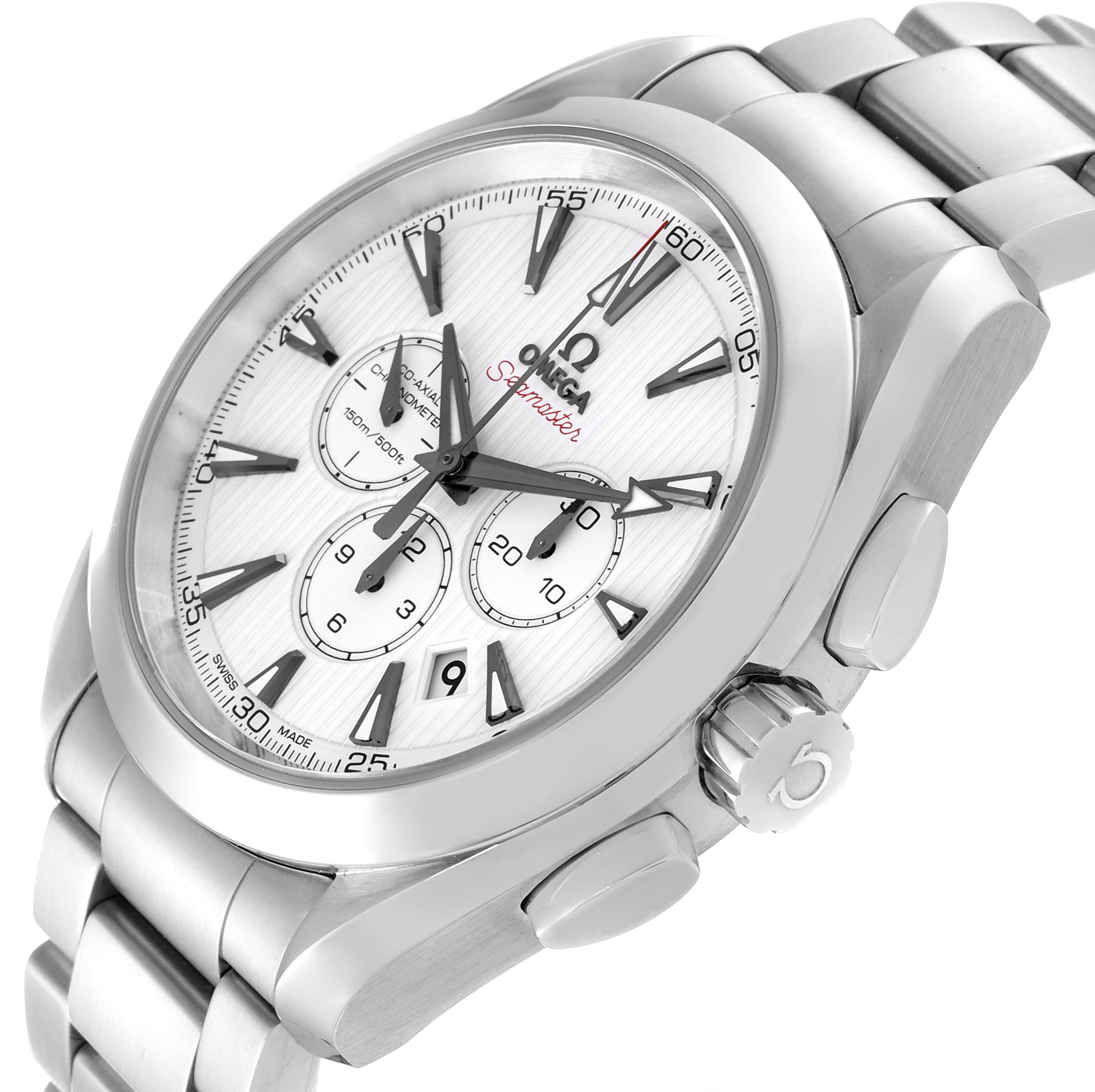 The image shows an angled view of the Omega Aqua Terra 231.10.44.50.04.001 Men
s Stainless Steel White Dial 231.10.44.50.04.001 Men
s Stainless Steel White Dial watch, highlighting the dial, bezel, crown, and part of the bracelet.