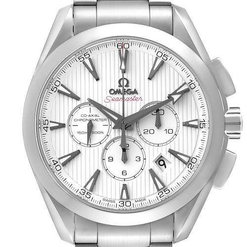 The Omega Aqua Terra watch is shown from a straight-on angle, displaying its face, hands, subdials, crown, and partial bracelet.