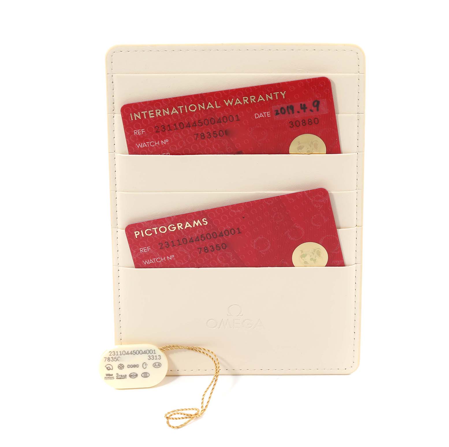 The image shows the International Warranty and Pictograms cards for the Omega Aqua Terra 231.10.44.50.04.001 Men
s Stainless Steel White Dial 231.10.44.50.04.001 Men
s Stainless Steel White Dial model, along with a hang tag.