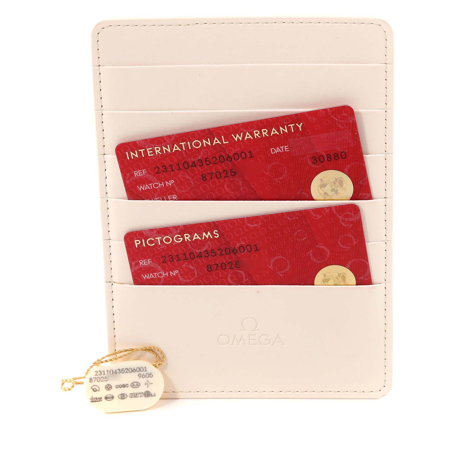 The image shows the Omega Aqua Terra 231.10.43.52.06.001 Men's Stainless Steel Grey Dial warranty cards and a tag, angled flat inside a cardholder.