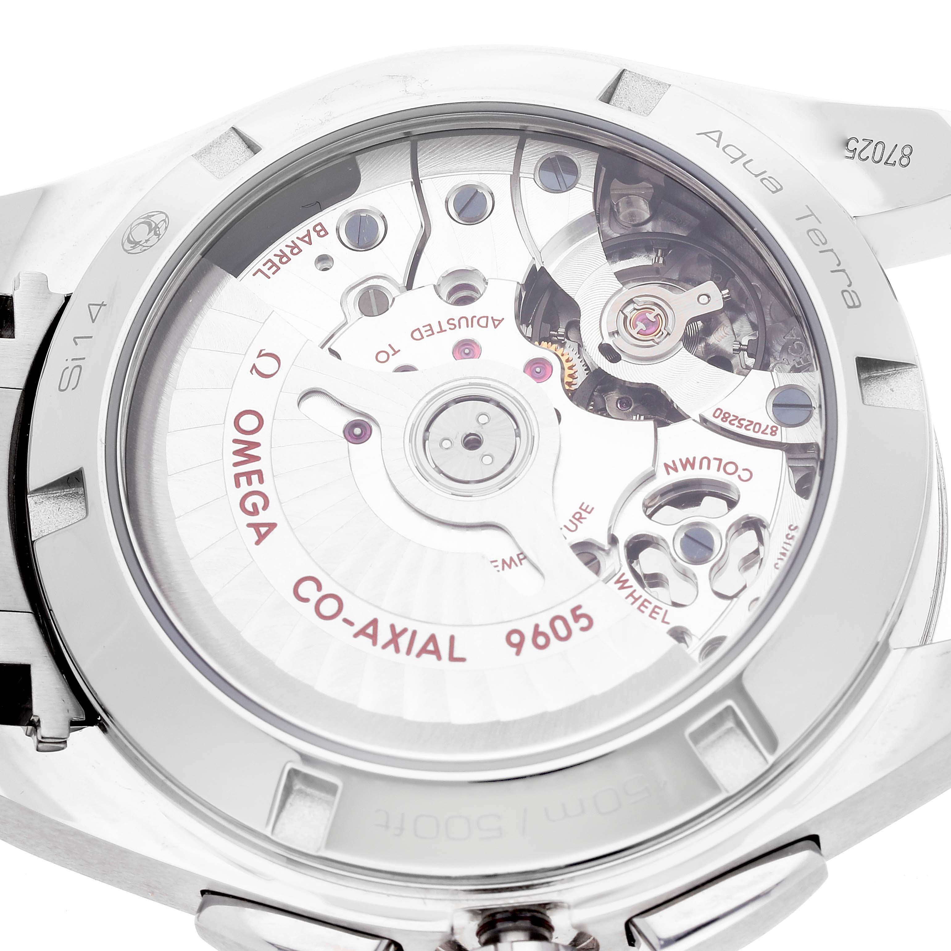 The image shows the back of the Omega Aqua Terra 231.10.43.52.06.001 Men's Stainless Steel Grey Dial watch, highlighting the Co-Axial 9605 movement and its internal mechanisms.