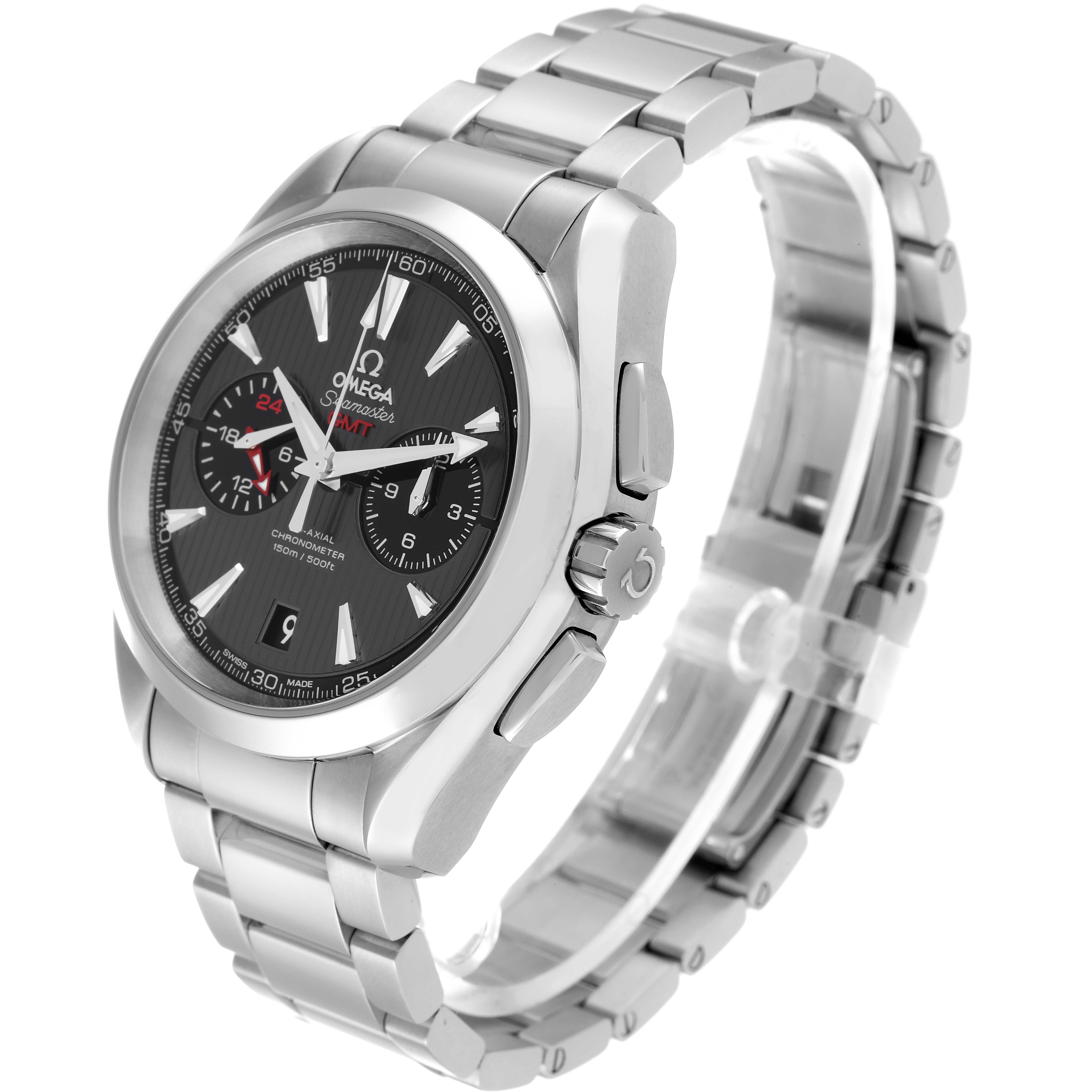 The Omega Aqua Terra 231.10.43.52.06.001 Men's Stainless Steel Grey Dial watch is shown at a three-quarter angle, highlighting the case, black dial, bezel, and metal bracelet.