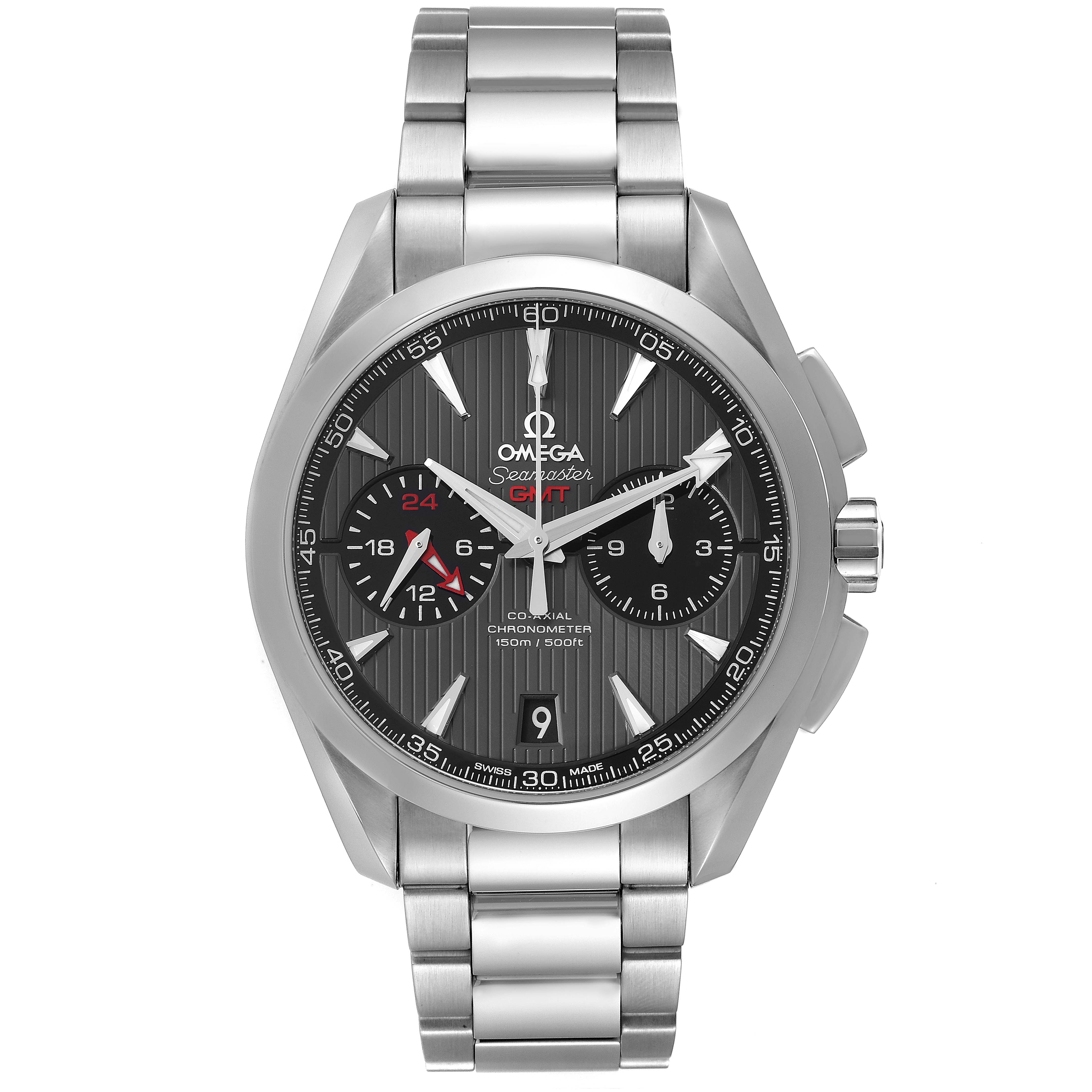 The Omega Aqua Terra 231.10.43.52.06.001 Men's Stainless Steel Grey Dial watch is shown from the front, displaying the face, bracelet, and side chronograph pushers.