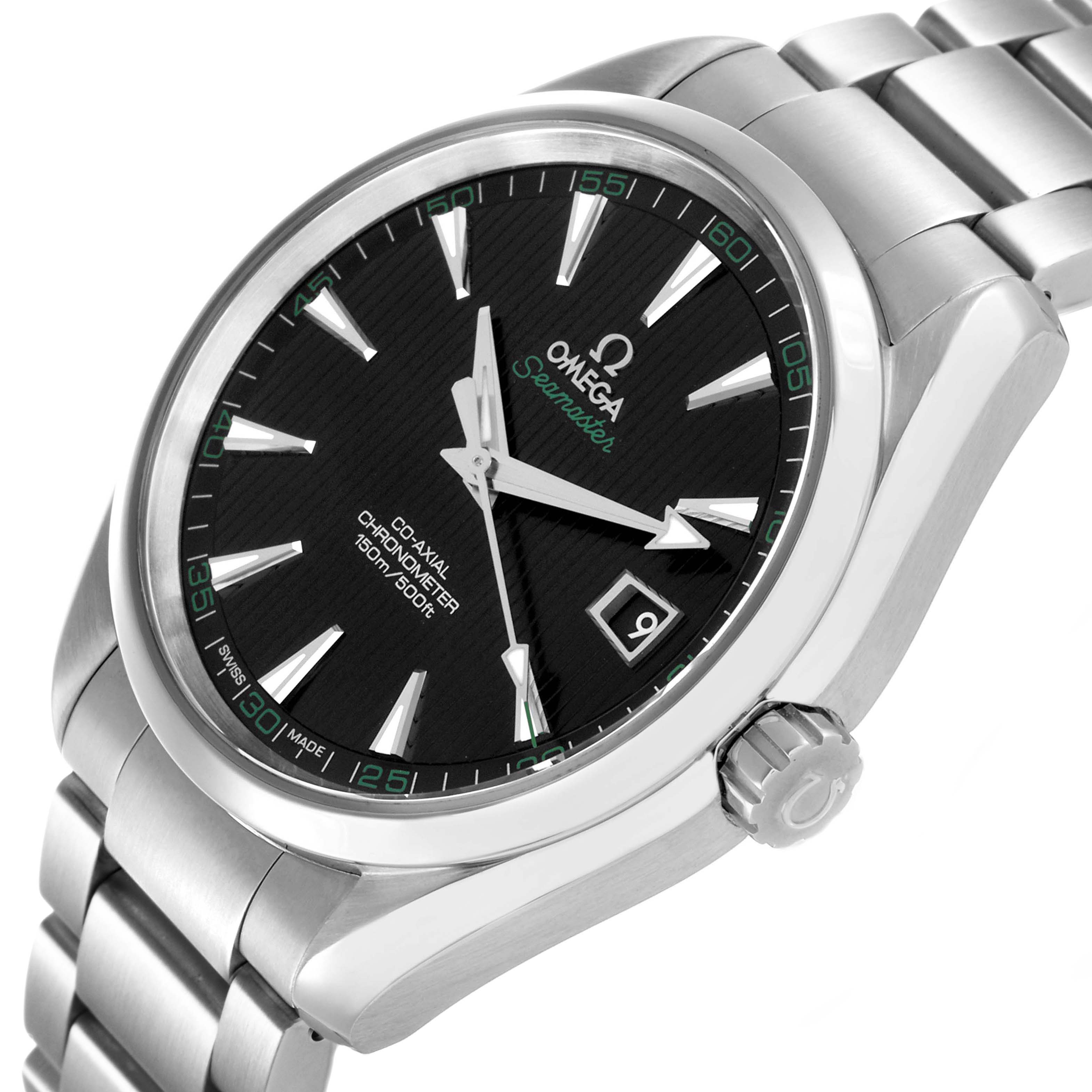 The Omega Aqua Terra 231.10.42.21.01.001 Men's Stainless Steel Black Dial watch is shown at an angled front view, highlighting the face, hands, bezel, crown, and bracelet.