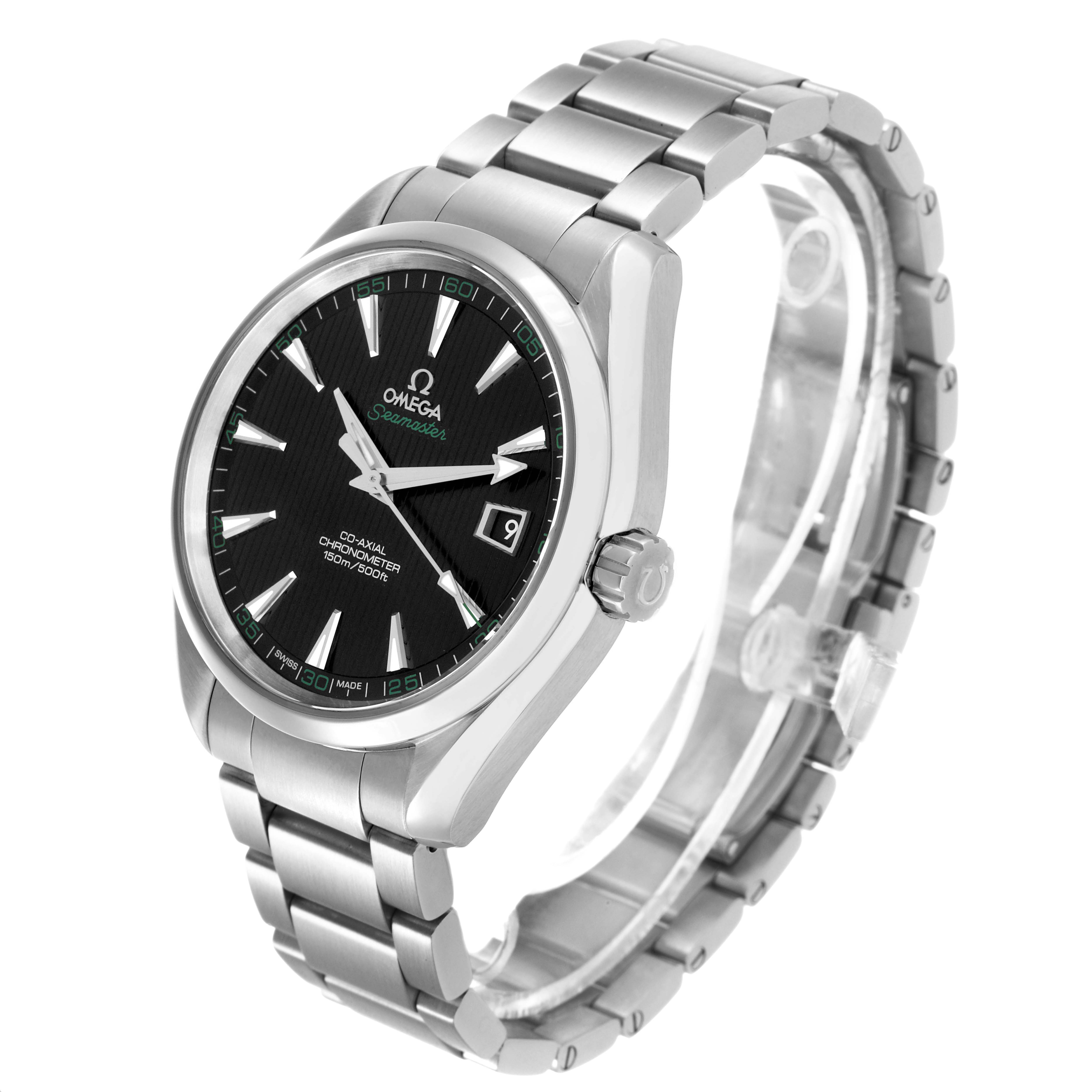 The Omega Aqua Terra 231.10.42.21.01.001 Men's Stainless Steel Black Dial watch is shown at a three-quarter angle, highlighting its black dial, silver bracelet, and side profile.