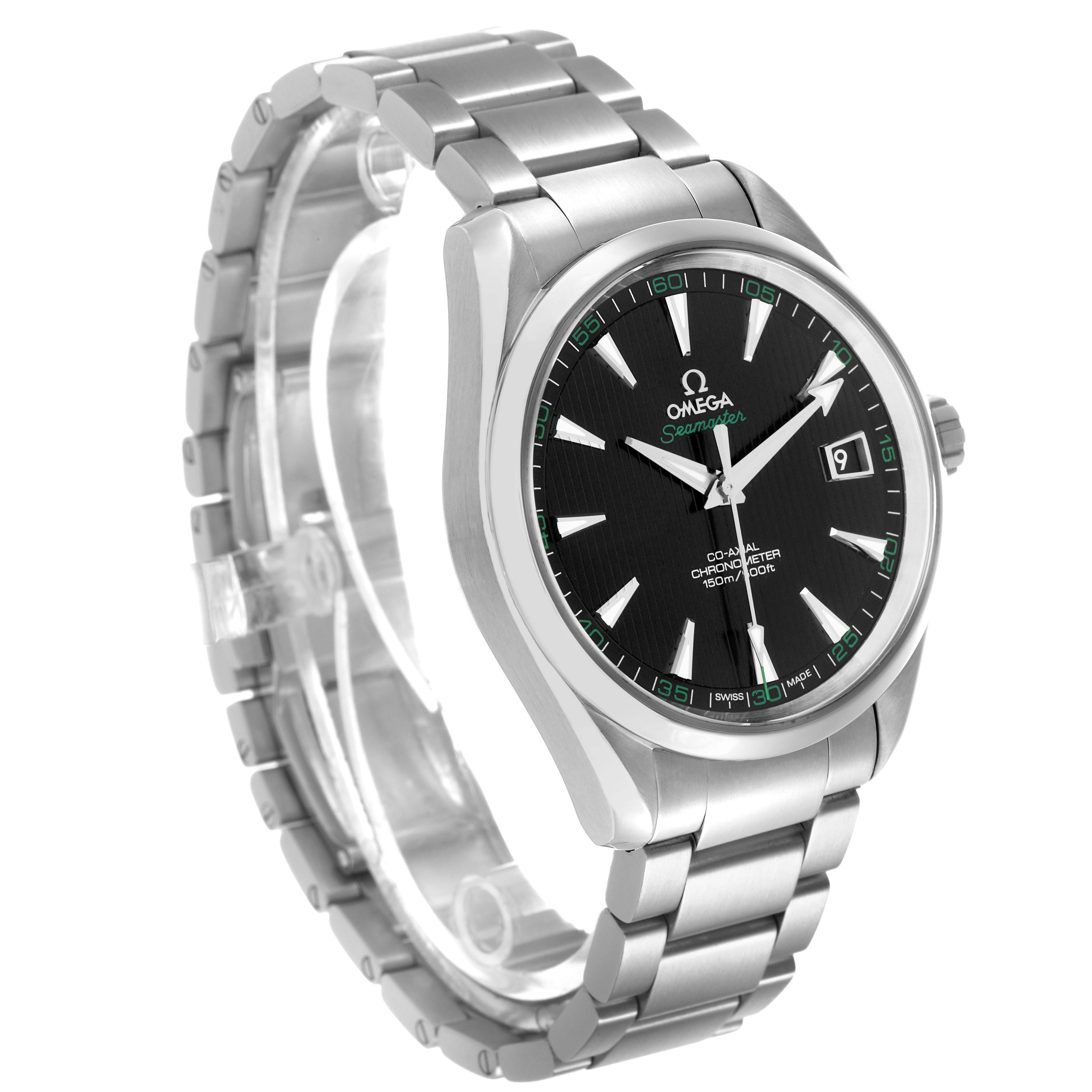 The Omega Aqua Terra 231.10.42.21.01.001 Men's Stainless Steel Black Dial watch is shown from a three-quarter frontal view, highlighting the face, bezel, and metal bracelet.
