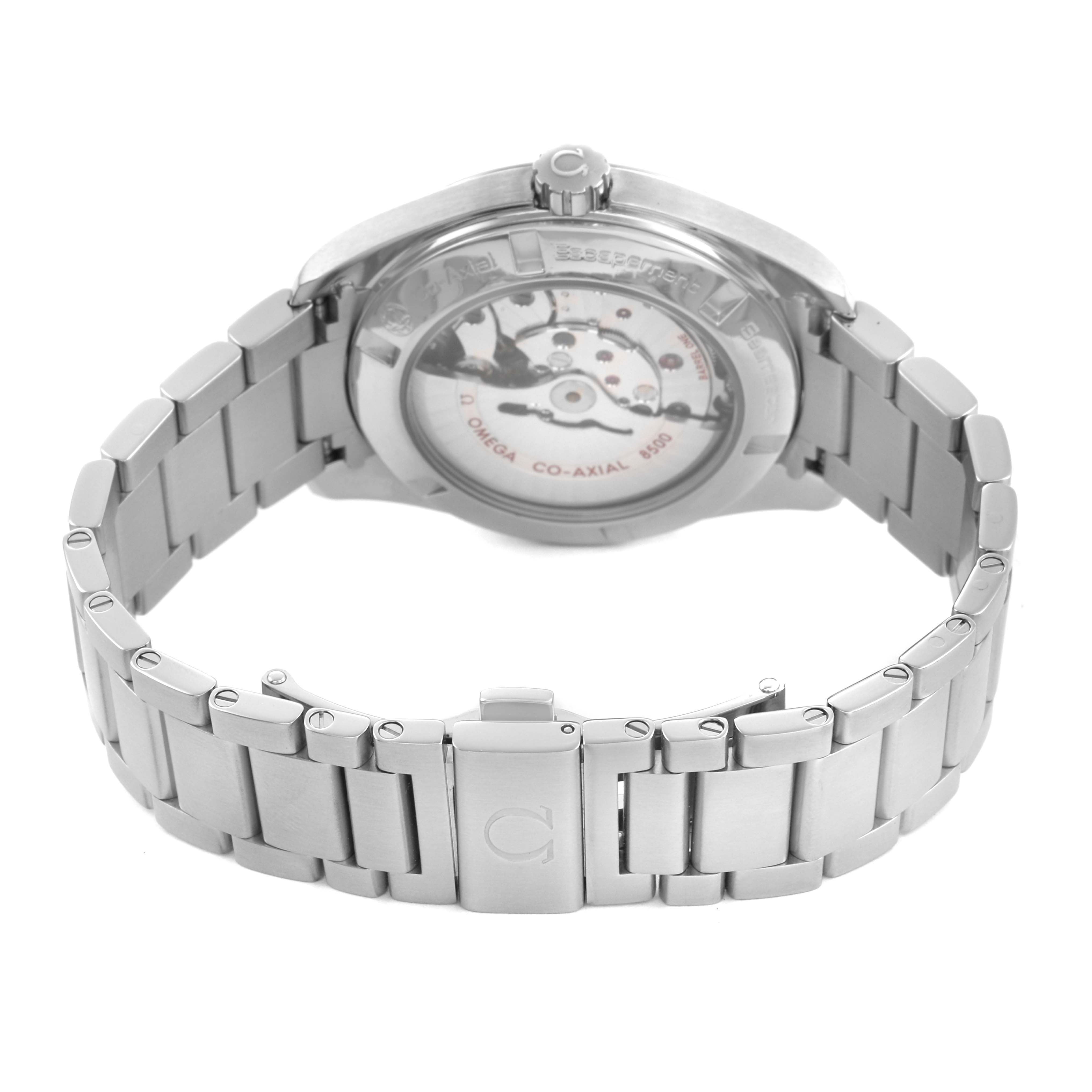The image shows the back view of the Omega Aqua Terra 231.10.42.21.01.001 Men's Stainless Steel Black Dial watch, highlighting its transparent case back and metal bracelet.