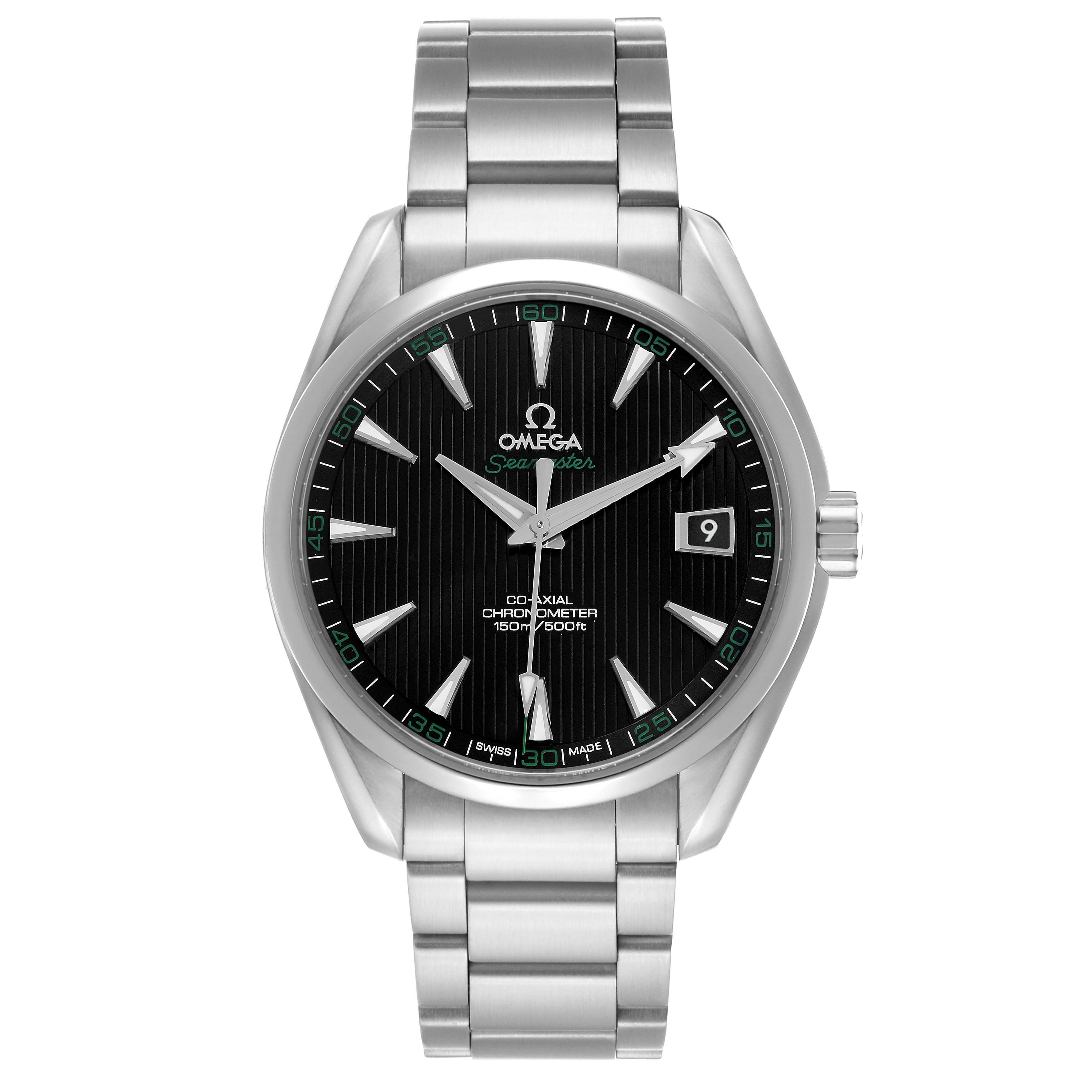 The Omega Aqua Terra 231.10.42.21.01.001 Men's Stainless Steel Black Dial watch is shown from a front angle, displaying the dial, bezel, and bracelet.