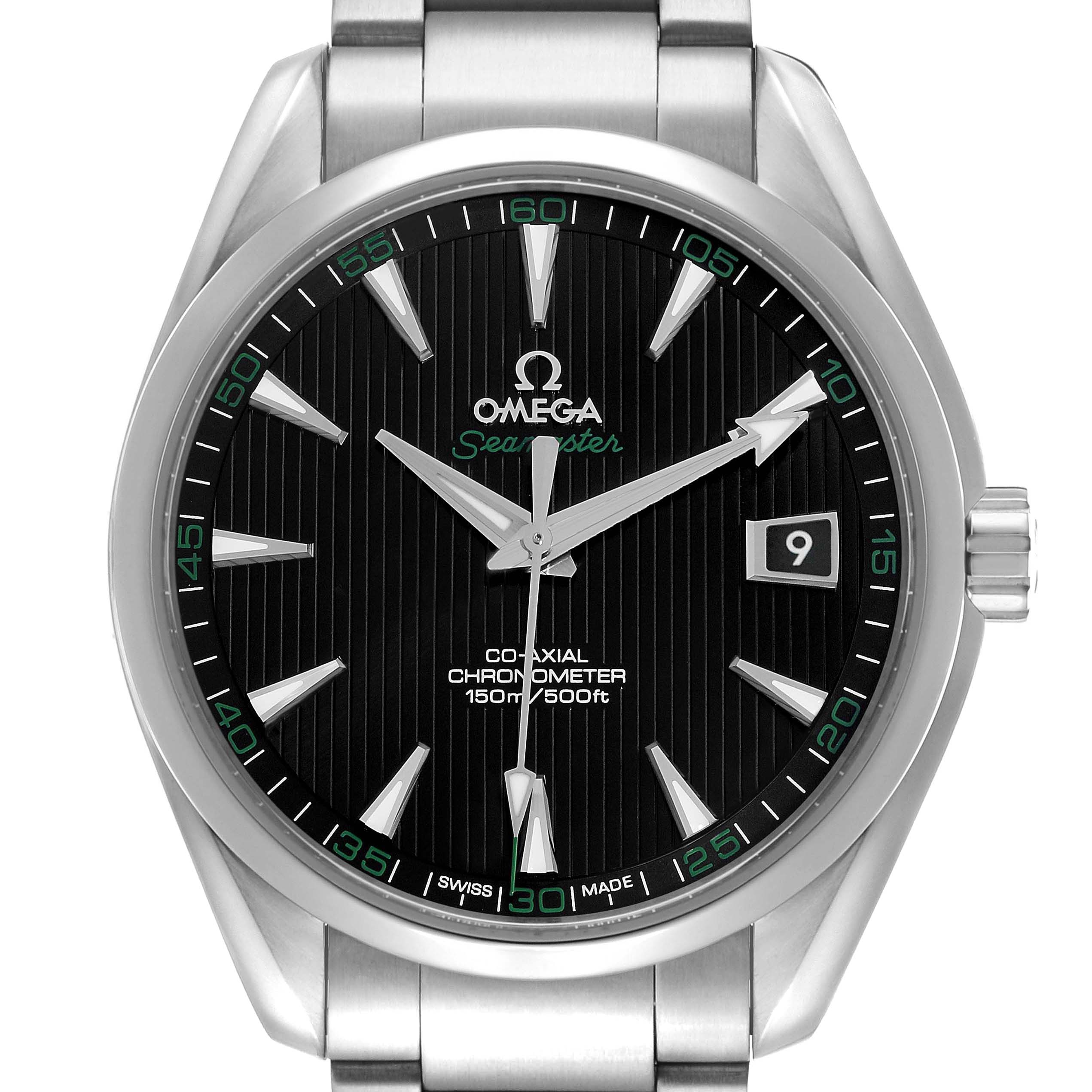 The Omega Aqua Terra 231.10.42.21.01.001 Men's Stainless Steel Black Dial watch is shown from a front angle, displaying the face, bezel, and bracelet with visible markers and date window.