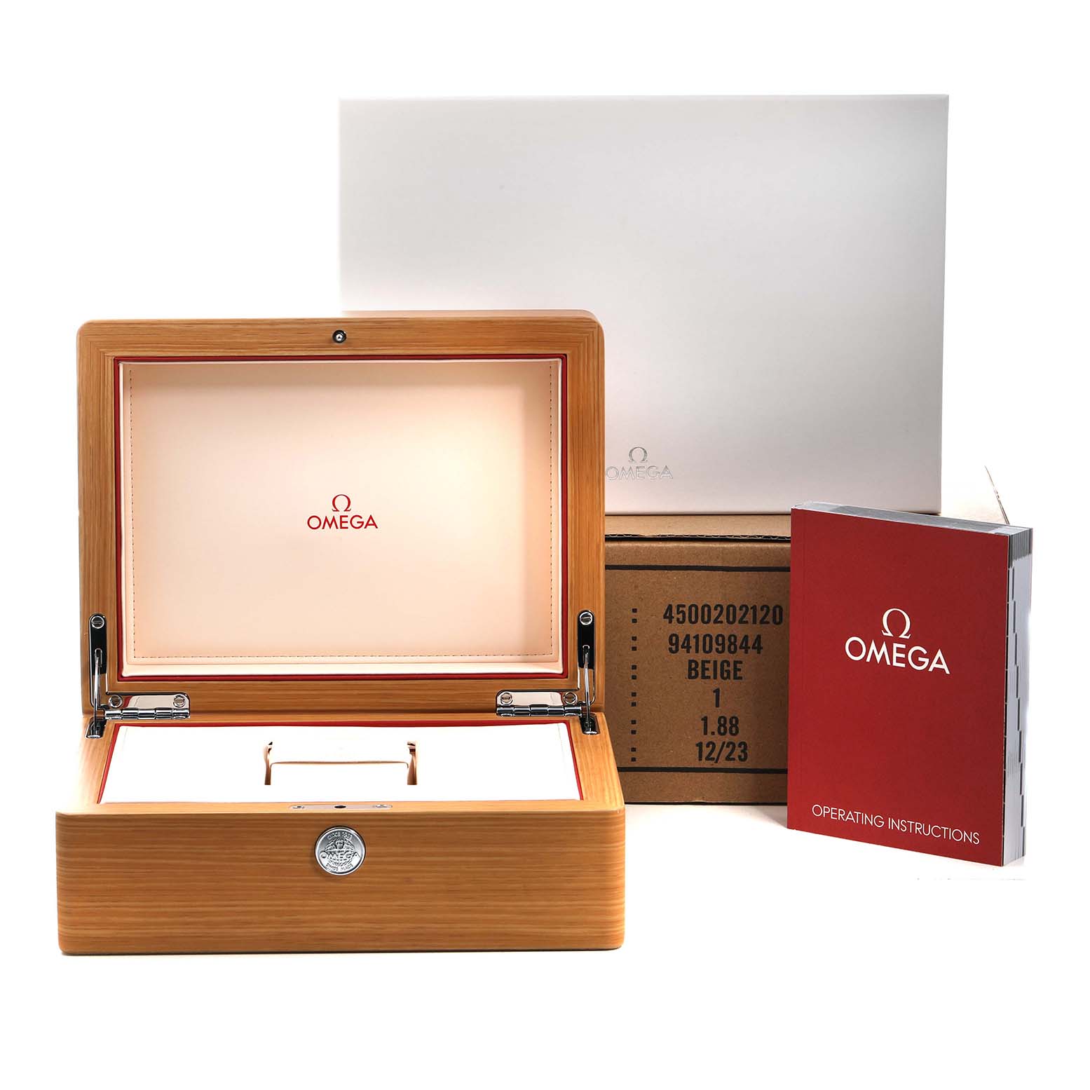 The image shows the Omega Aqua Terra 231.10.42.21.01.001 Men's Stainless Steel Black Dial watch box and packaging, including the instruction manual.