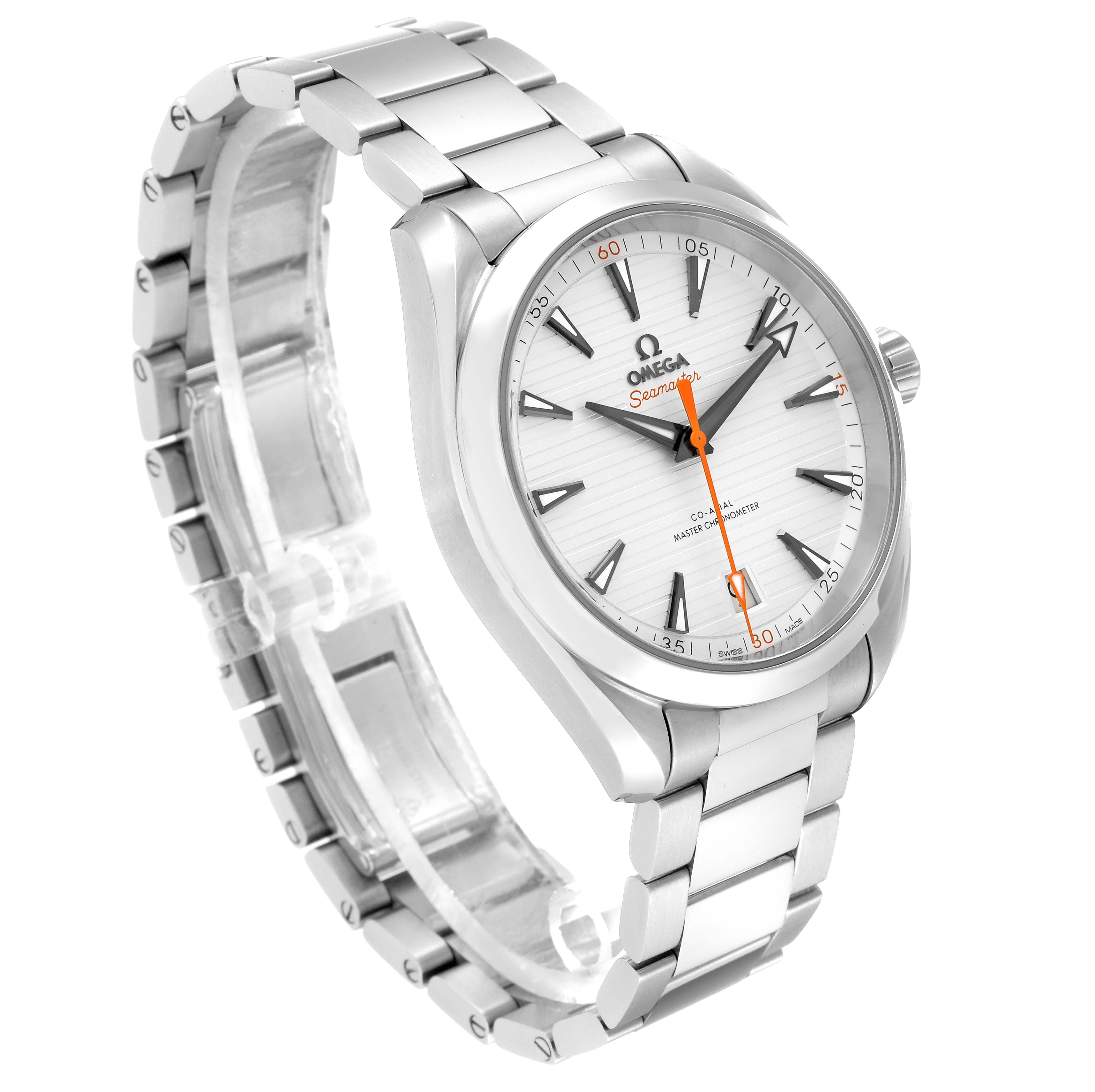 The image shows a side angle of the Omega Aqua Terra 220.10.41.21.02.001 Men
s Stainless Steel Silver Dial 220.10.41.21.02.001 Men
s Stainless Steel Silver Dial watch, highlighting its stainless steel bracelet and white dial.
