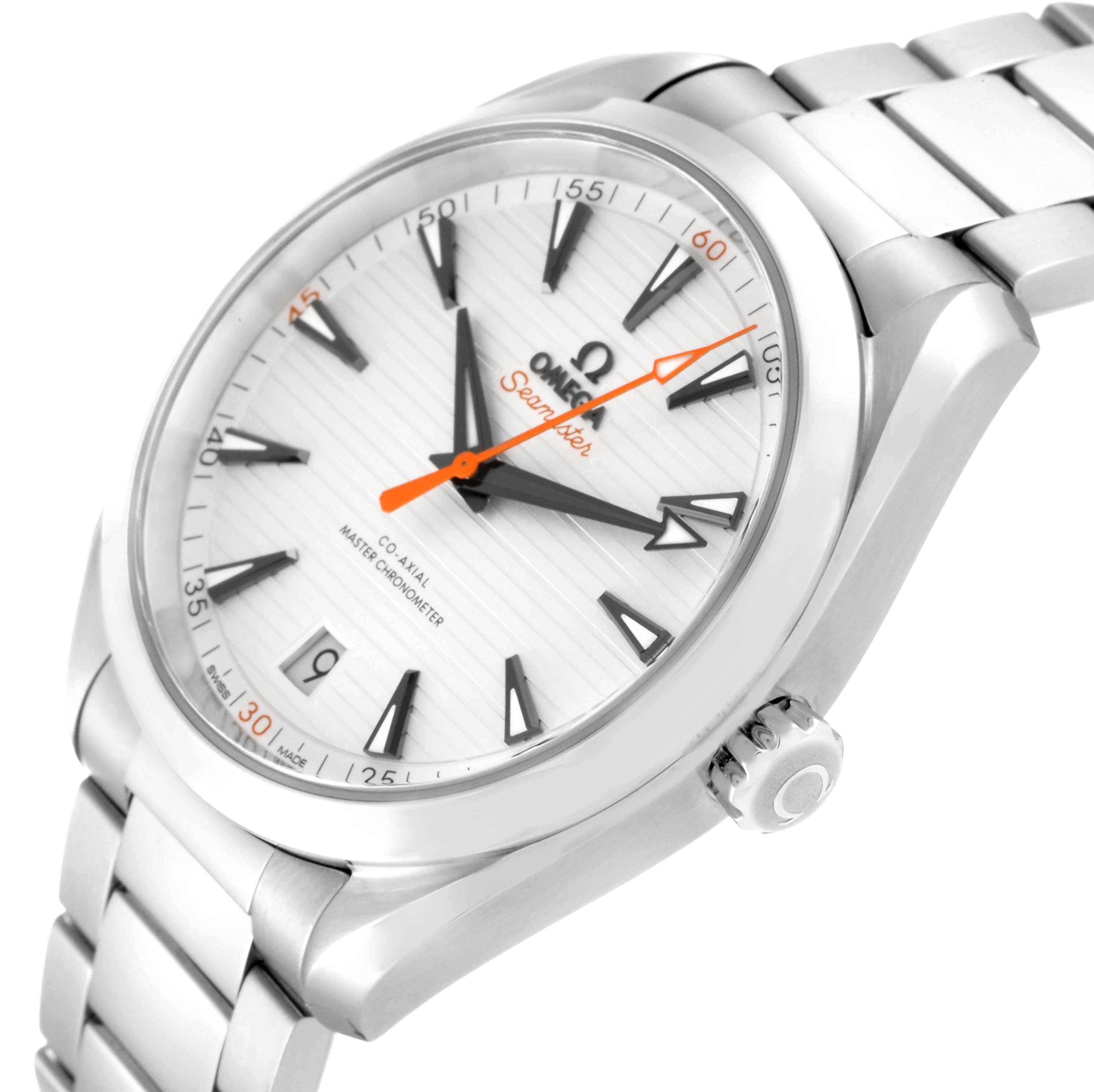 The image shows a close-up angled view of the Omega Aqua Terra 220.10.41.21.02.001 Men
s Stainless Steel Silver Dial 220.10.41.21.02.001 Men
s Stainless Steel Silver Dial watch displaying the dial, hands, case, and bracelet.