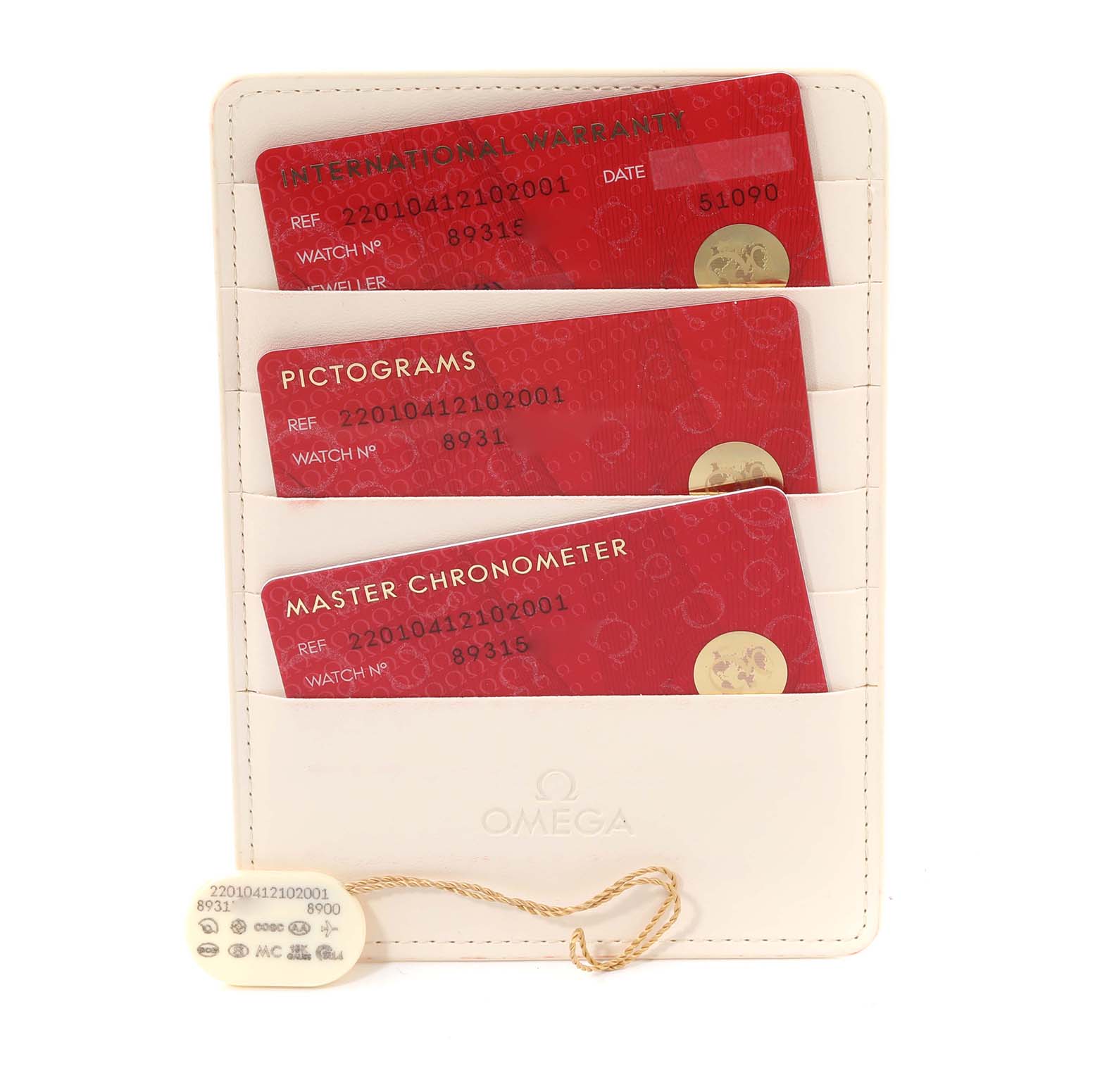 The image shows the warranty cards and a tag for the Omega Aqua Terra 220.10.41.21.02.001 Men
s Stainless Steel Silver Dial 220.10.41.21.02.001 Men
s Stainless Steel Silver Dial watch model.