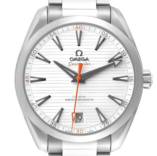 The image shows a front view of the Omega Aqua Terra watch displaying the dial, hands, date window, and part of the bracelet.