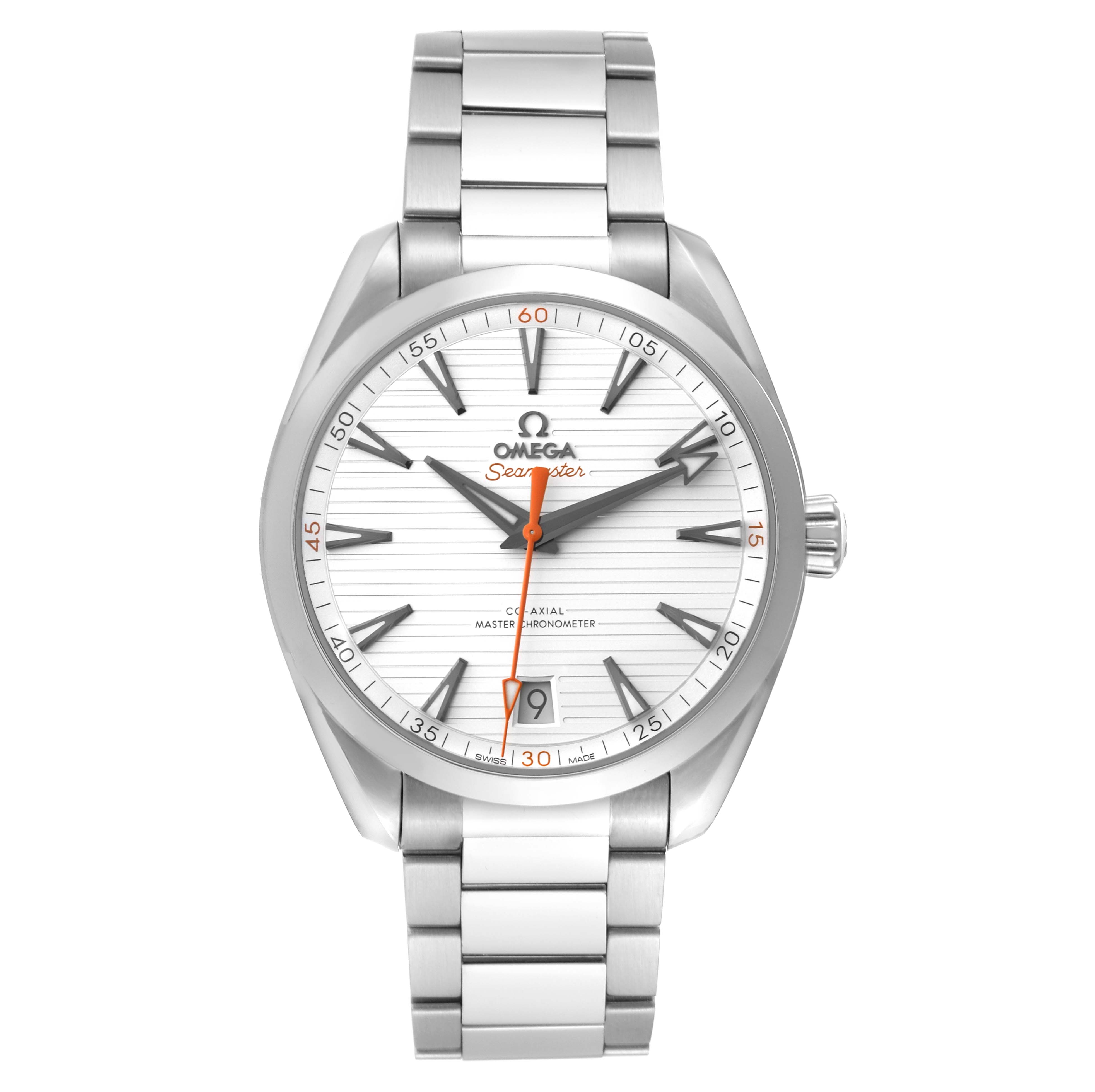 The image shows a front view of an Omega Aqua Terra 220.10.41.21.02.001 Men
s Stainless Steel Silver Dial 220.10.41.21.02.001 Men
s Stainless Steel Silver Dial watch, highlighting its face, hour markers, hands, bezel, crown, and bracelet.