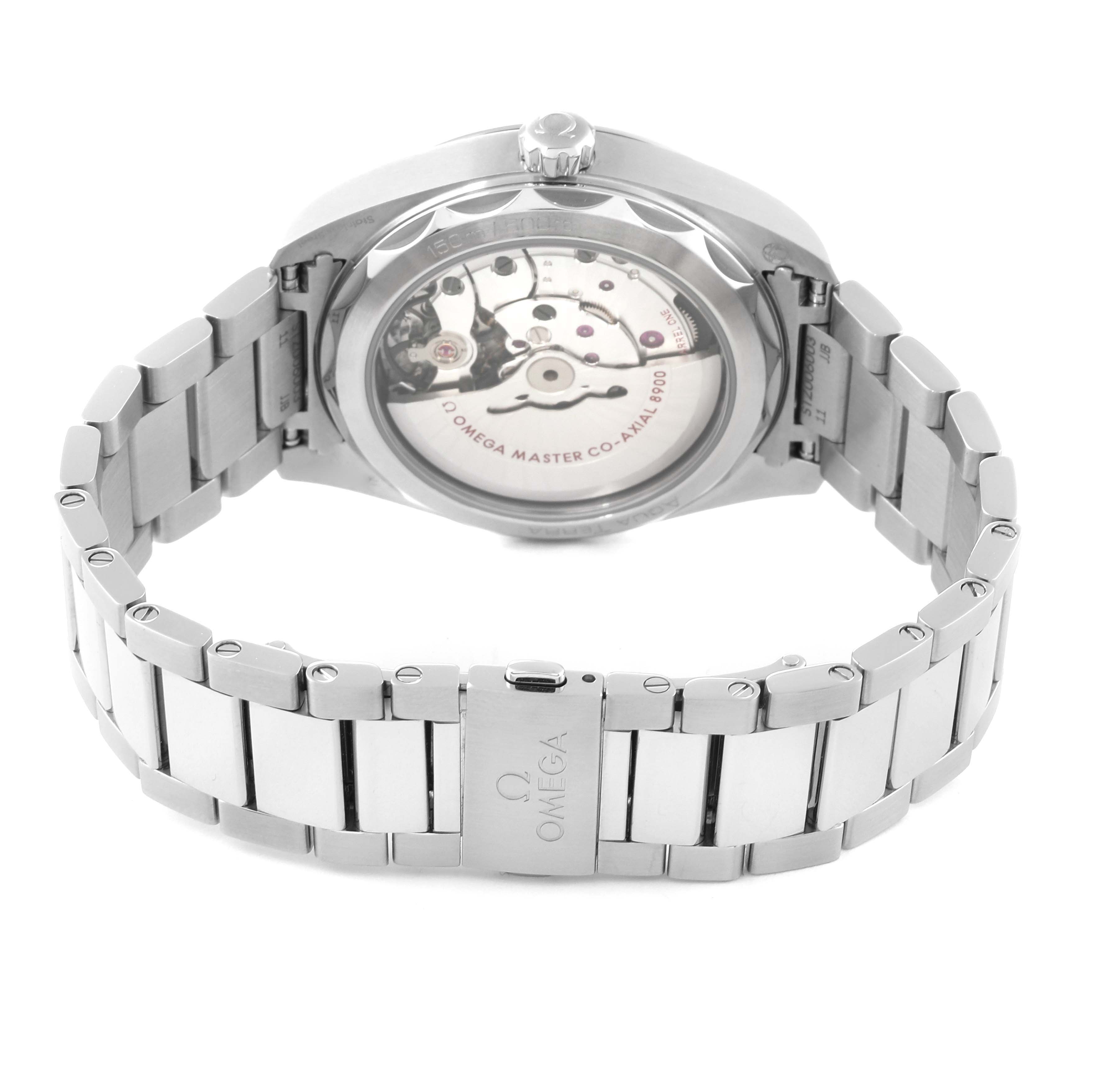 The image shows the back view of the Omega Aqua Terra 220.10.41.21.02.001 Men
s Stainless Steel Silver Dial 220.10.41.21.02.001 Men
s Stainless Steel Silver Dial watch, highlighting its open case back and stainless steel bracelet.
