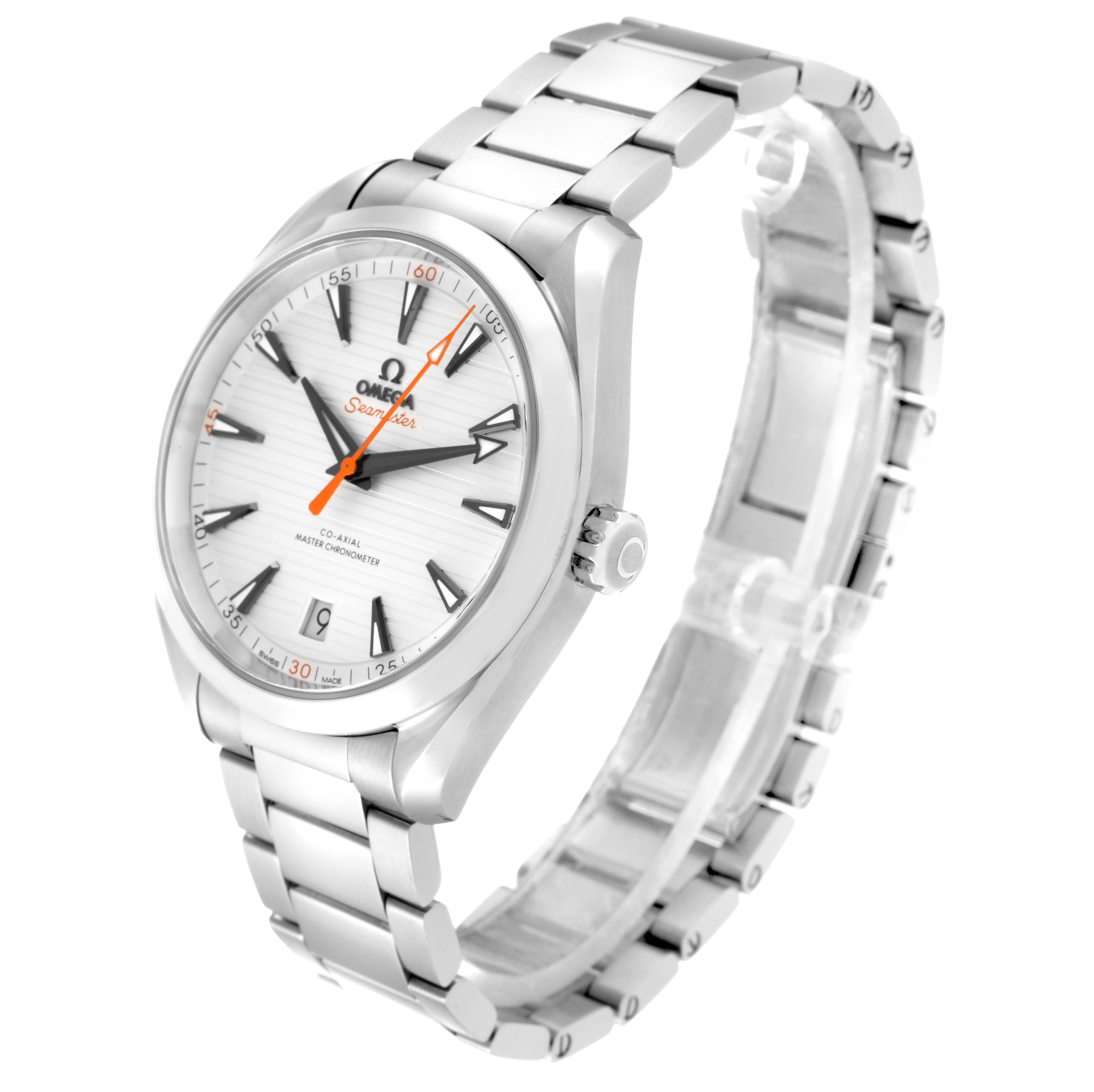 The image shows a side angle of the Omega Aqua Terra 220.10.41.21.02.001 Men
s Stainless Steel Silver Dial 220.10.41.21.02.001 Men
s Stainless Steel Silver Dial watch highlighting the dial, bracelet, and crown.