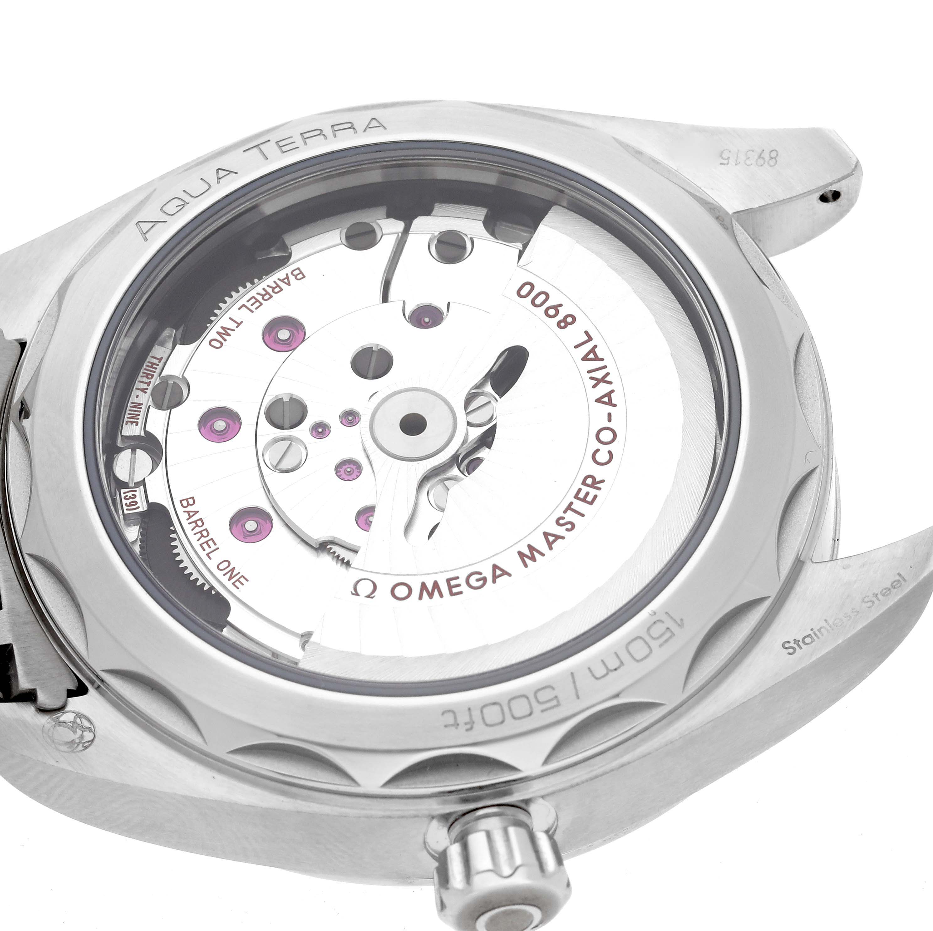 The image shows the back view of the Omega Aqua Terra 220.10.41.21.02.001 Men
s Stainless Steel Silver Dial 220.10.41.21.02.001 Men
s Stainless Steel Silver Dial watch, highlighting its movement and internal mechanics.