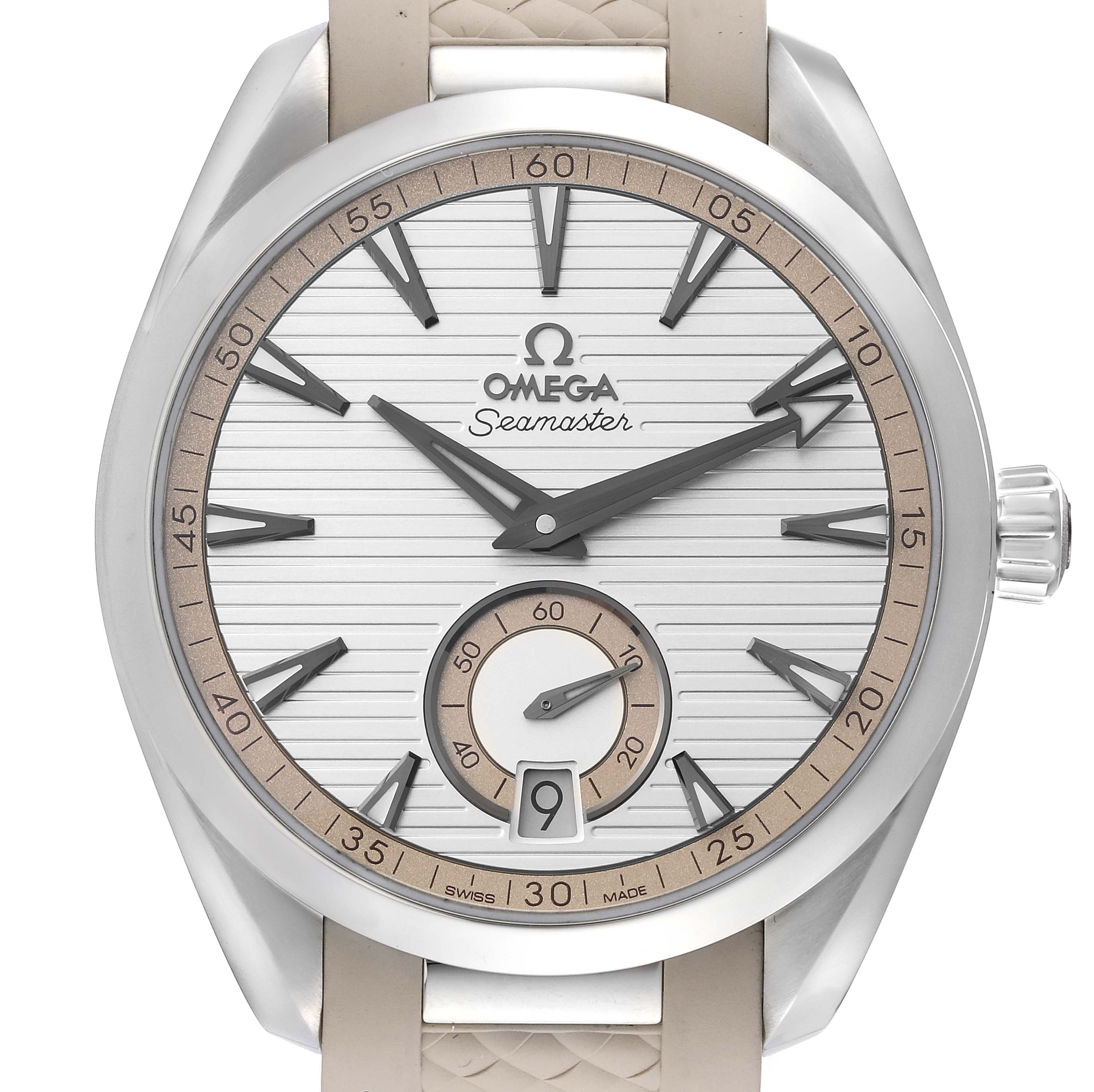 The image shows a front view of the Omega Aqua Terra 220.12.41.21.02.005 Men's Stainless Steel Silver Dial 220.12.41.21.02.005 Men's Stainless Steel Silver Dial Seamaster watch, including the face, hour markers, hands, and date window.